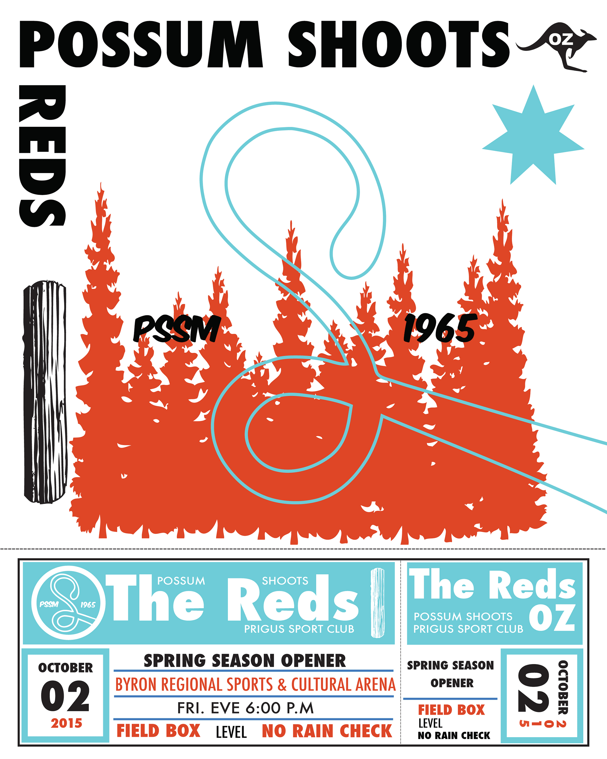 A poster for a sports event called 'Possum Shoots the Reds' organized by PRIGUS SPORT CLUB, scheduled for October 2, 2015, at Byron Regional Sports & Cultural Arena, with details about the spring season opener, field box, level, and weather conditions.