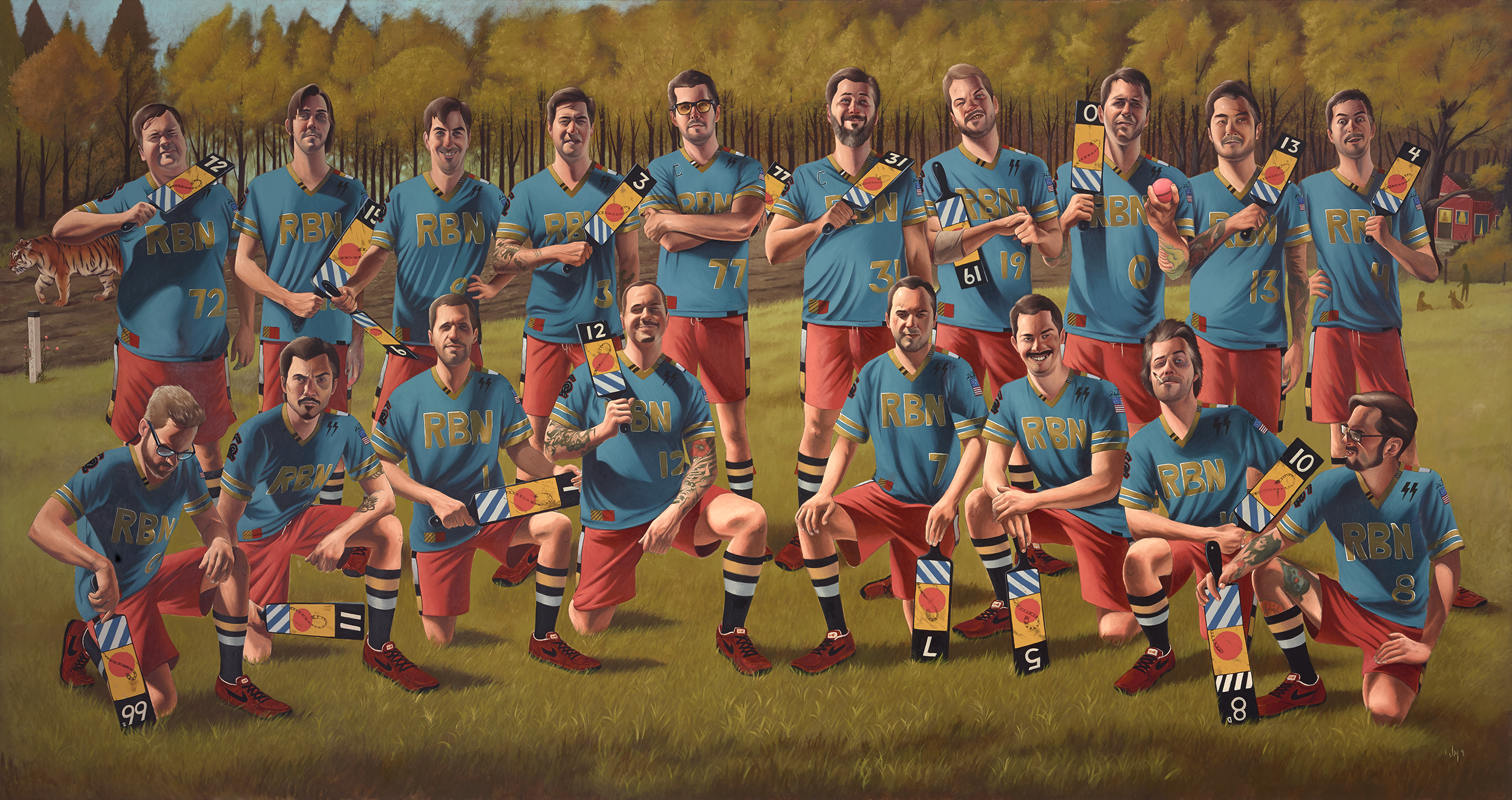 A digitally created artwork featuring a team of illuminated characters with painted faces, dressed in blue and red sports uniforms, posed outdoors on a grassy field. Each character holds a rectangular target with a circular target symbol. The background depicts a forest with autumn-colored trees and small cabins.