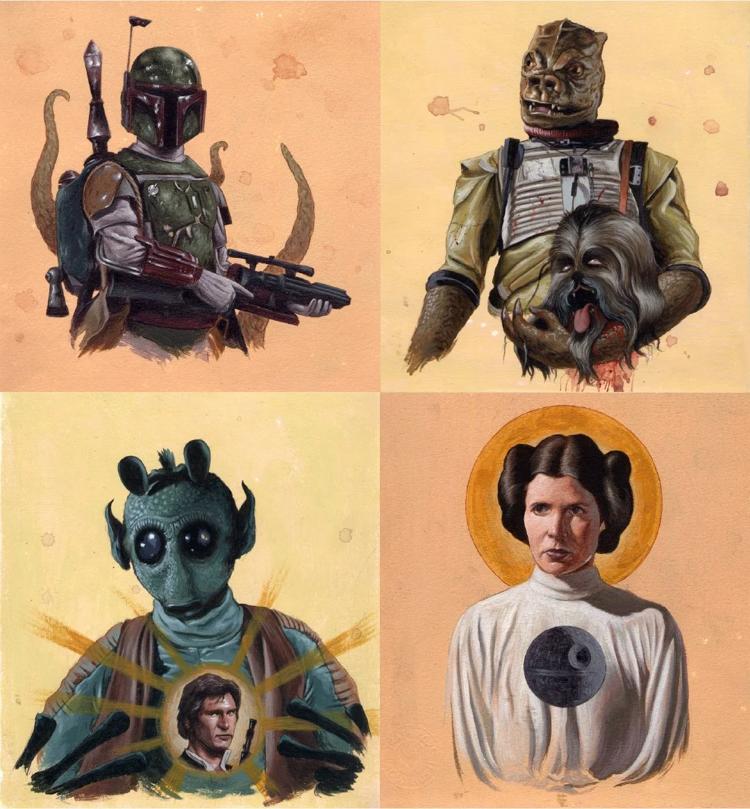 Four animated characters from Star Wars: Boba Fett, Greedo, a Gamorrean guard, and Leia Organa, each depicted in a stylized, artistic manner.
