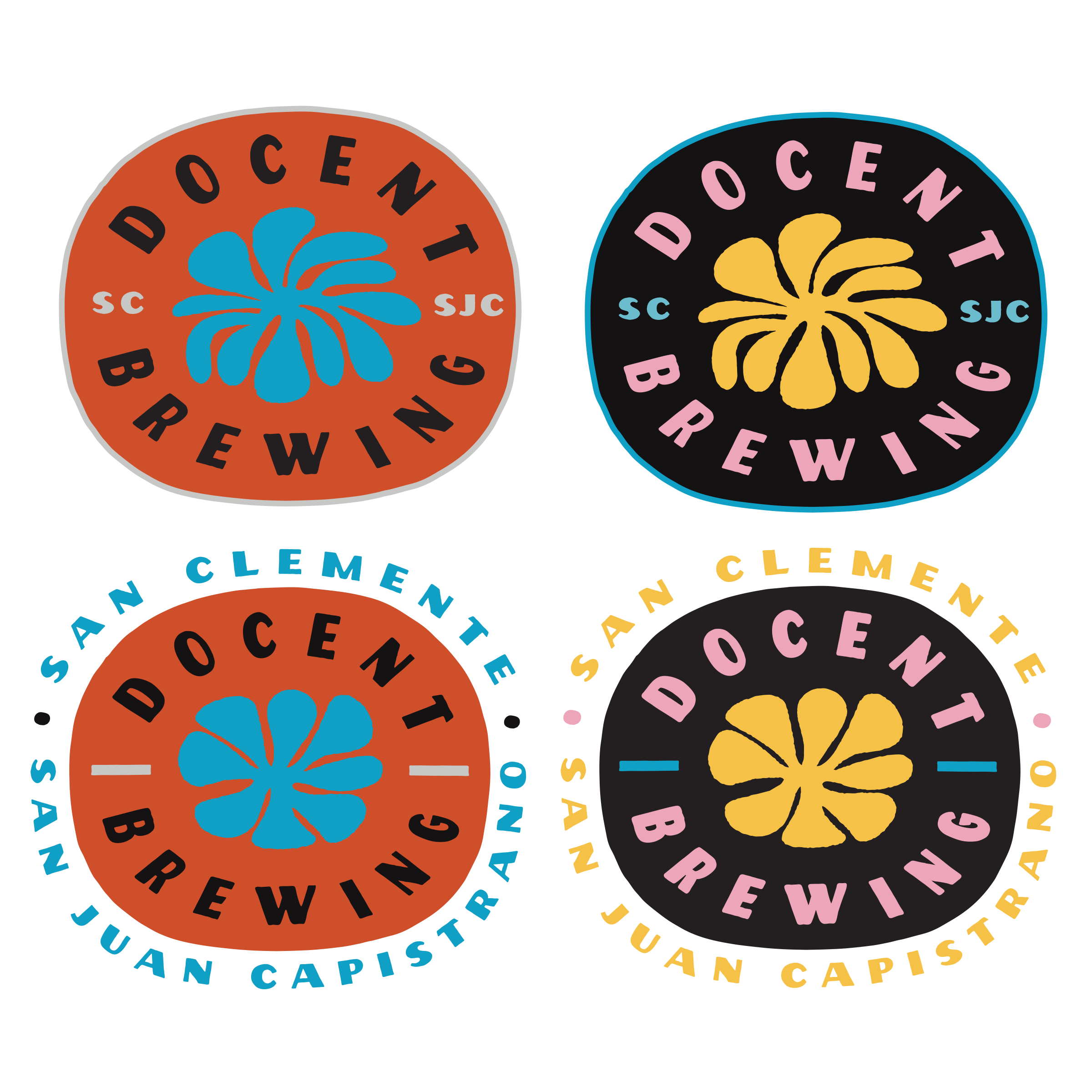 Two circular logos with the text "Docon T" and "Rewind" surrounded by alphabet letters, featuring stylized flower-like designs in blue and yellow on black backgrounds.
