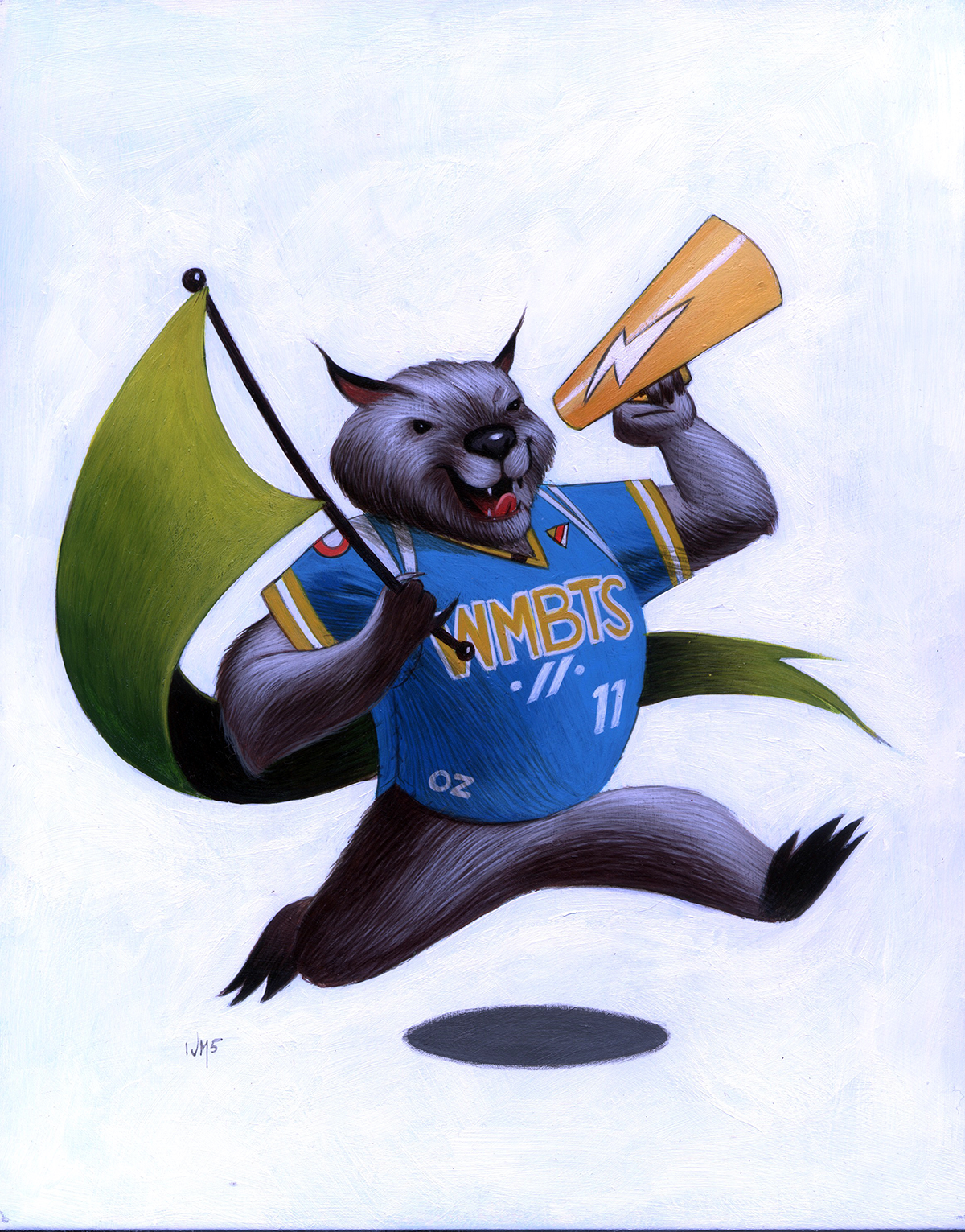 A colorful illustration of a raccoon-like character with a humanoid body, jumping mid-air. It is wearing a blue sports jersey with the letters 'NMBTS', the number '11', and the words 'OZ' and some small symbols. The character is holding a yellow megaphone with a lightning bolt symbol in one paw and a green flag on a pole in the other. It has a wide, cheerful expression and a bushy tail.