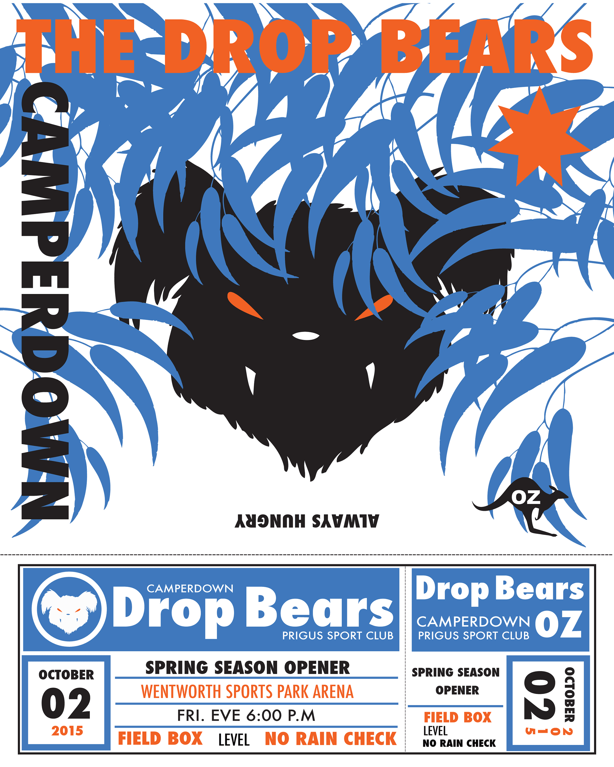 Event ticket for a Drop Bears baseball game at Wentworth Sports Park Arena on October 2, 2015, at 6:00 PM, indicating spring season opener with no rain check policy, featuring a bear mascot and game details.