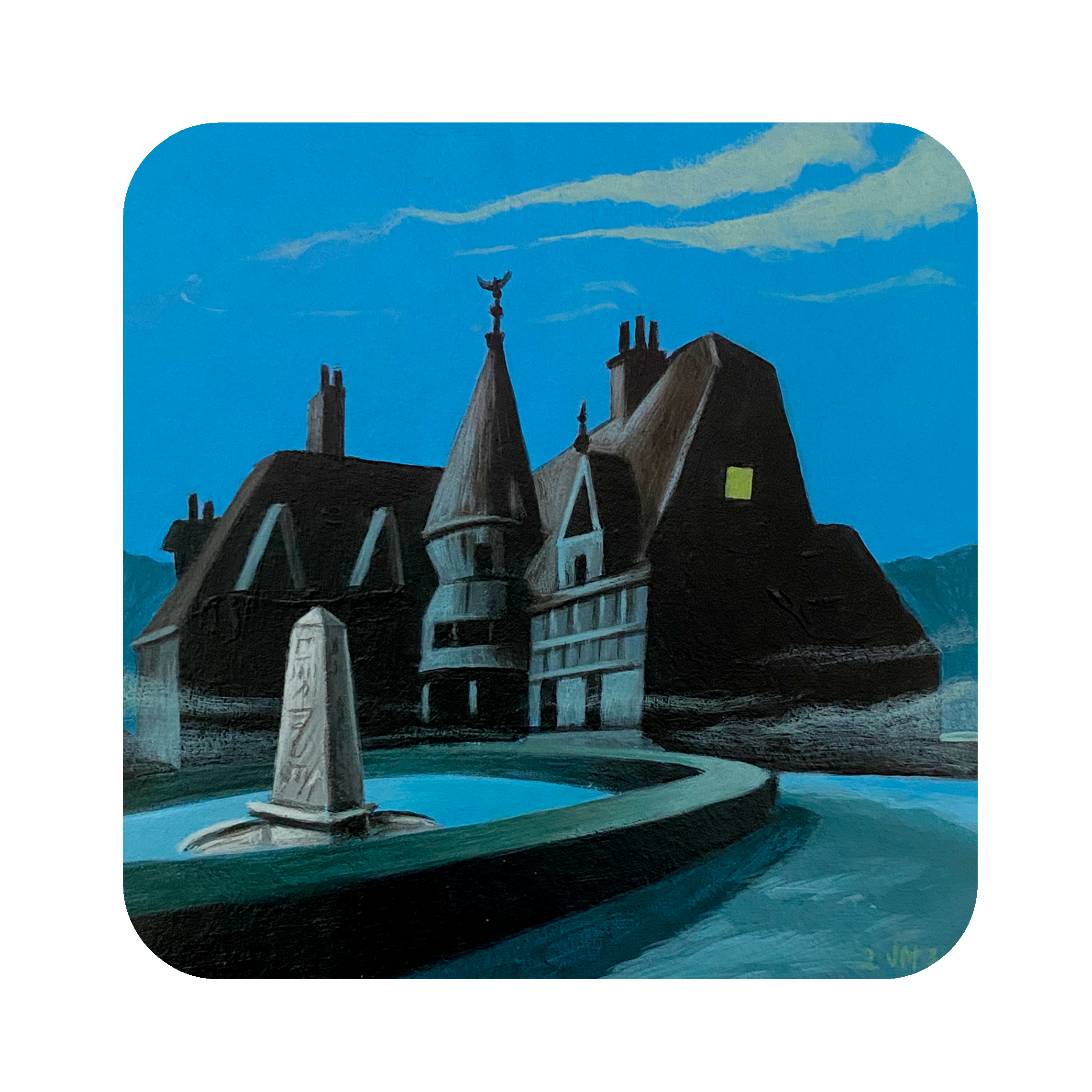 Painting of rooftops with a blue sky and clouds in the background, including a weathervane with an eagle.