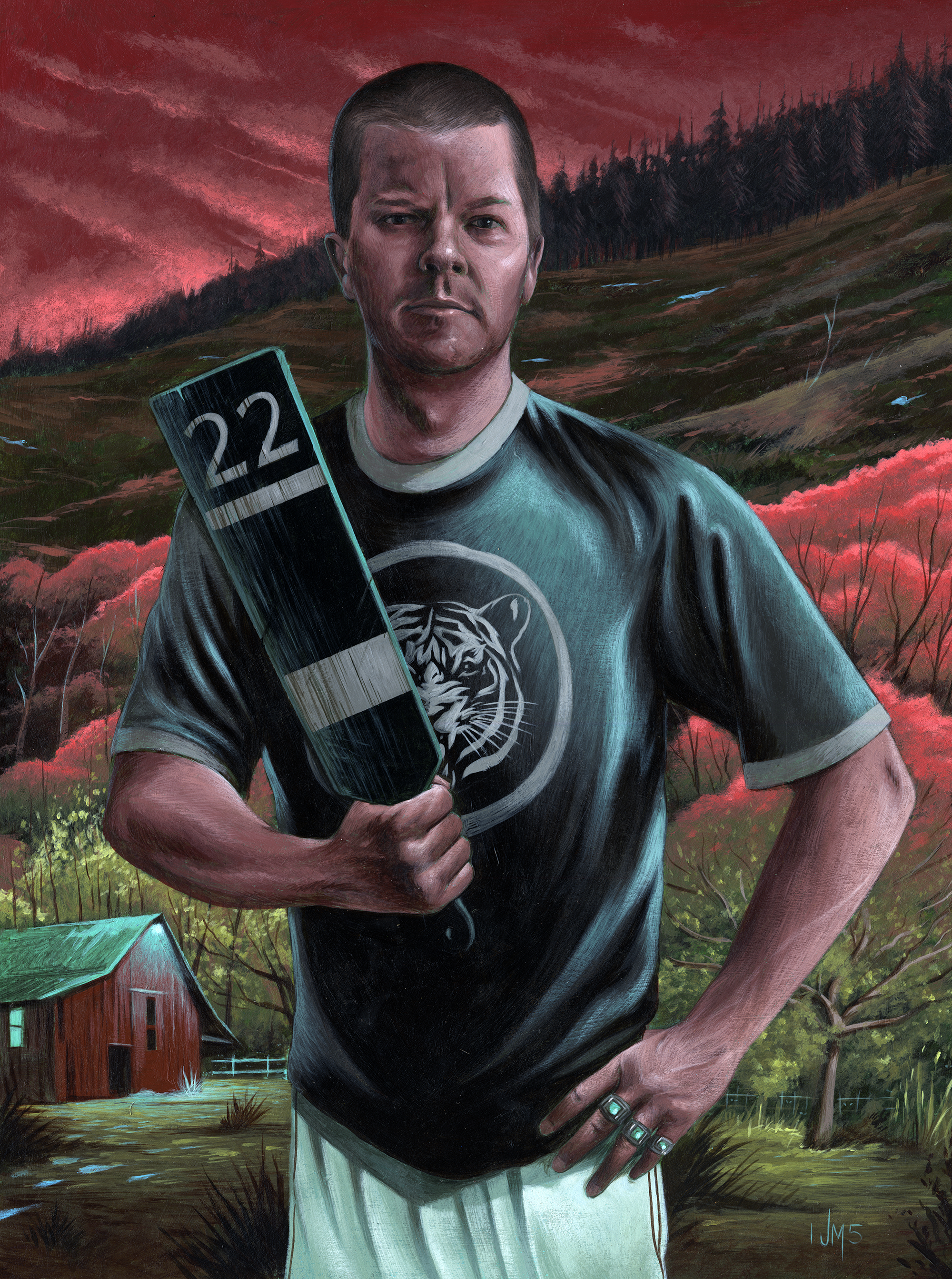 A man holding a hockey stick in a rural outdoor setting with a barn, trees, and a pink sunset sky.