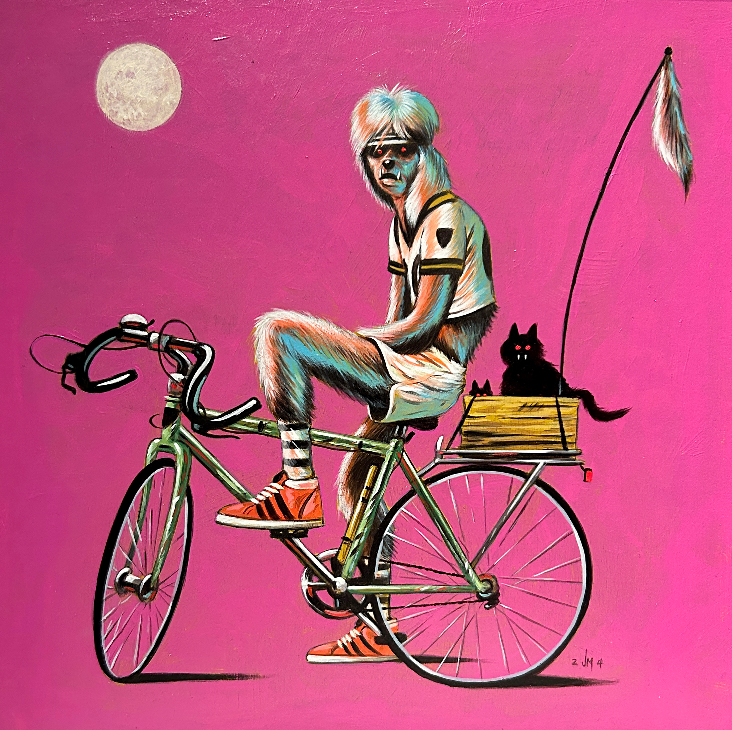 A colorful illustration of a woman with fluffy hair riding a bicycle with a basket, set against a pink background with a full moon.