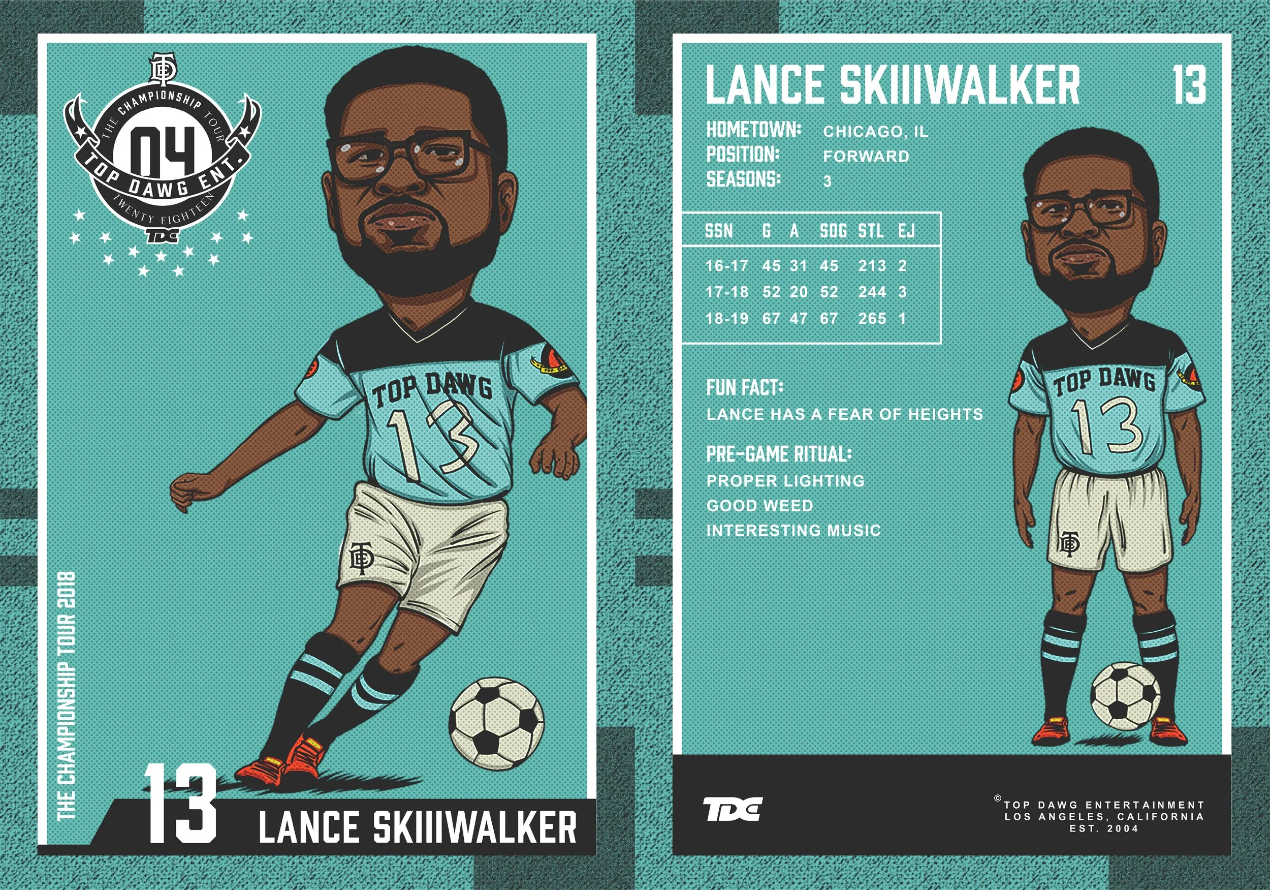 Sports trading card featuring a cartoon of Lance Skiiwalker, a football player from Chicago, Illinois. The card shows him in a light blue football uniform with the number 13, standing with a soccer ball at his feet. The background is teal and black. The card includes his name, physical stats, and fun facts, with a logo of the championship tour and Top Dawg Entertainment branding.