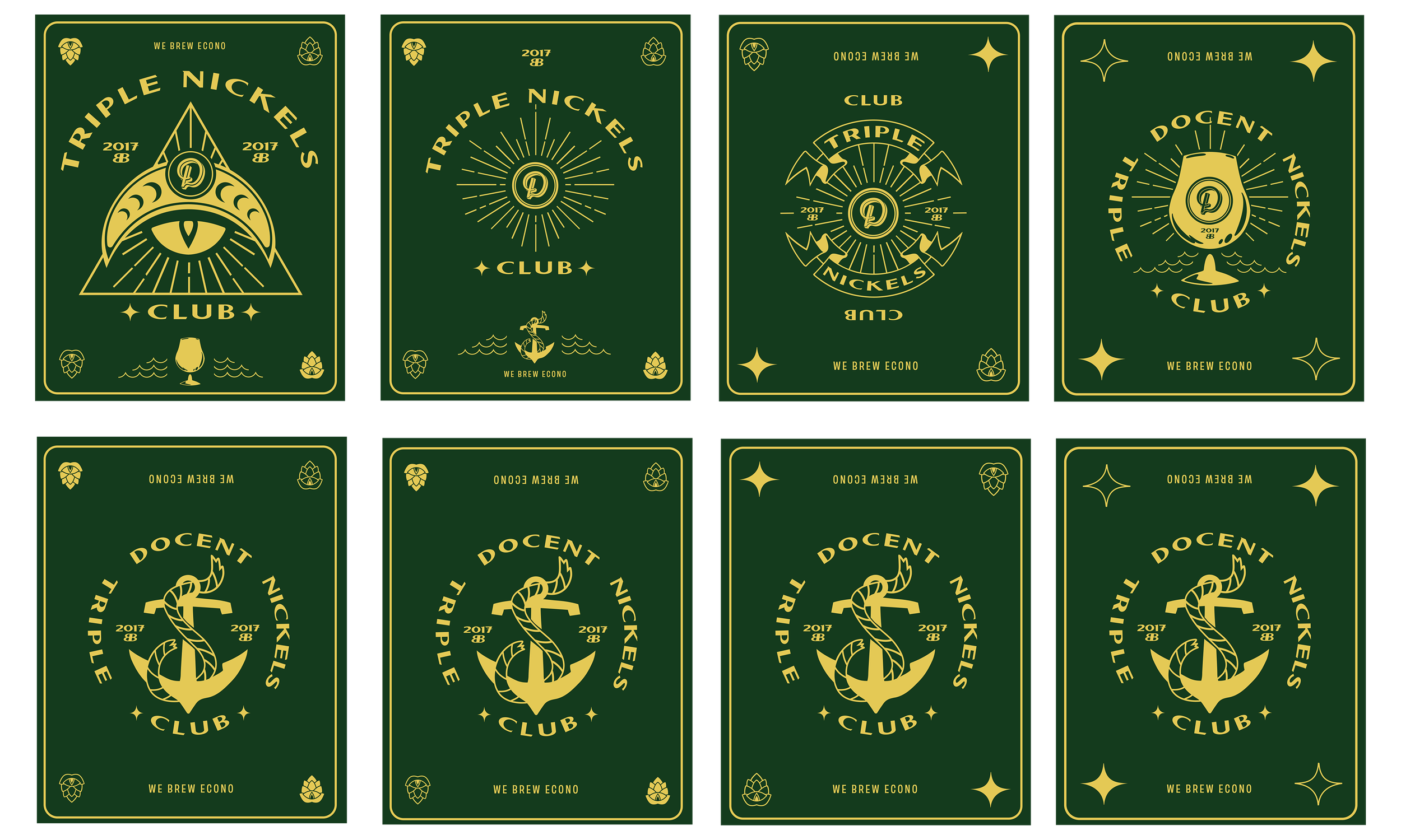 Set of six green and gold playing cards with designs and text for a club called Triple Nickels, featuring symbols like an eye, anchor, shrimp, and decorative elements.