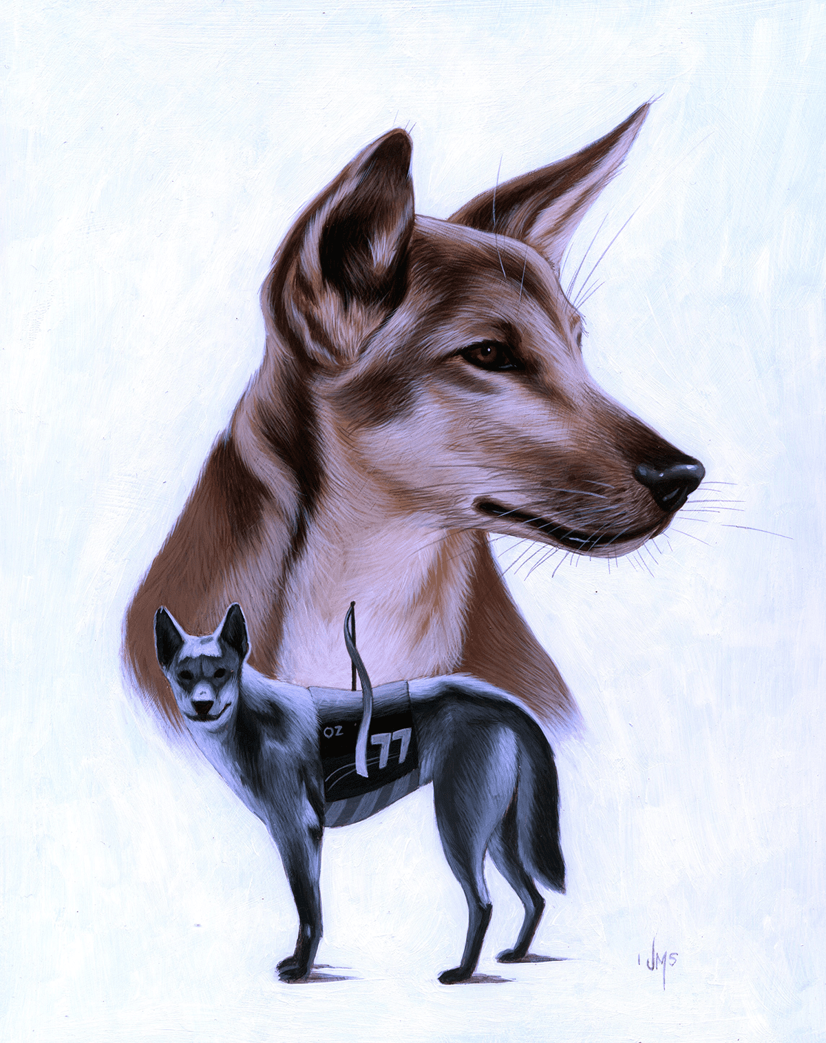 A realistic painting of a dog with a more detailed and larger head, with a smaller husky dog wearing a harness in front of it.
