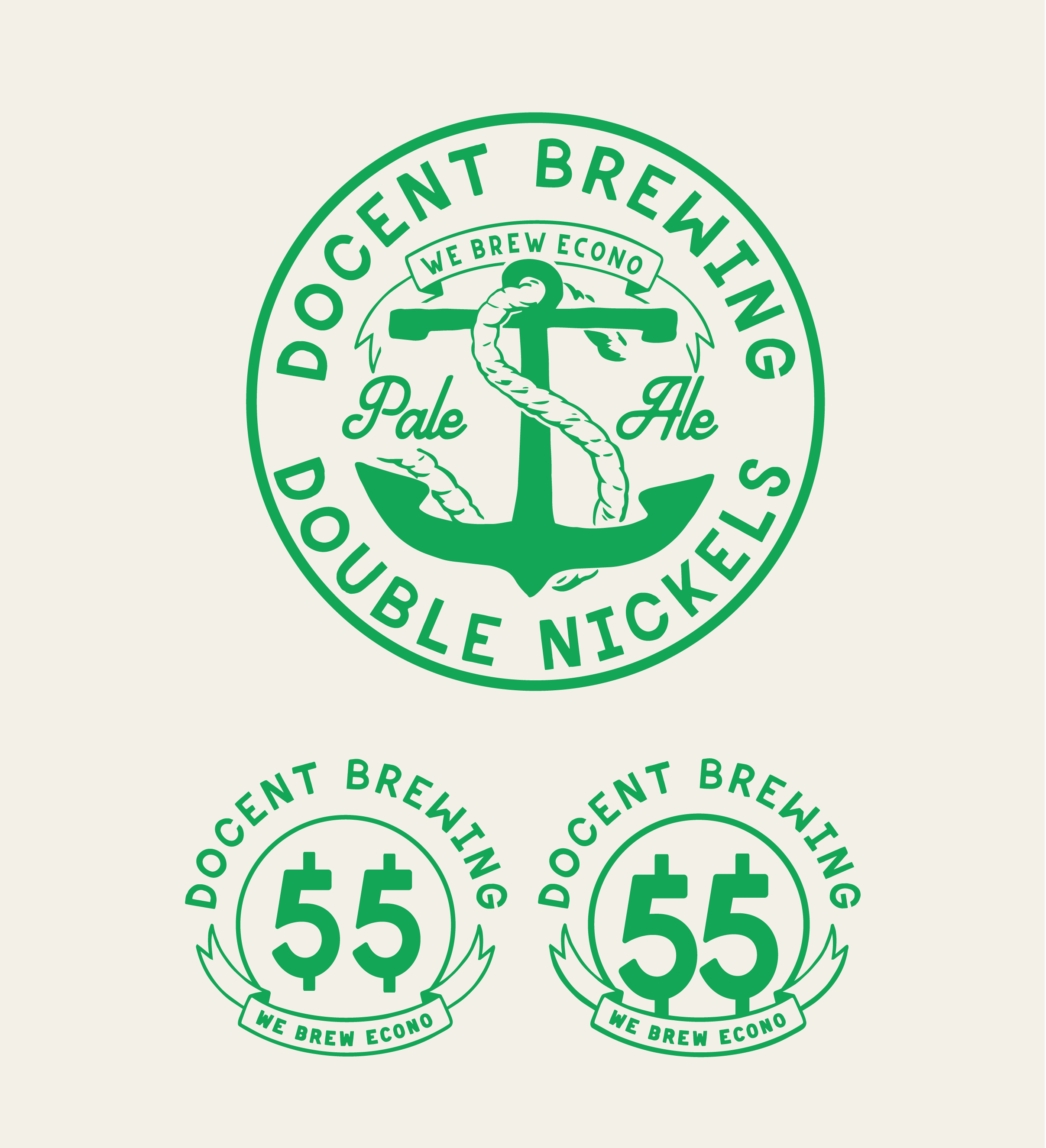 Two logos for a brewing company called Docent Brewing, each with a green anchor and rope, the number 55, and the phrase "We Brew Econo" in a circular design.