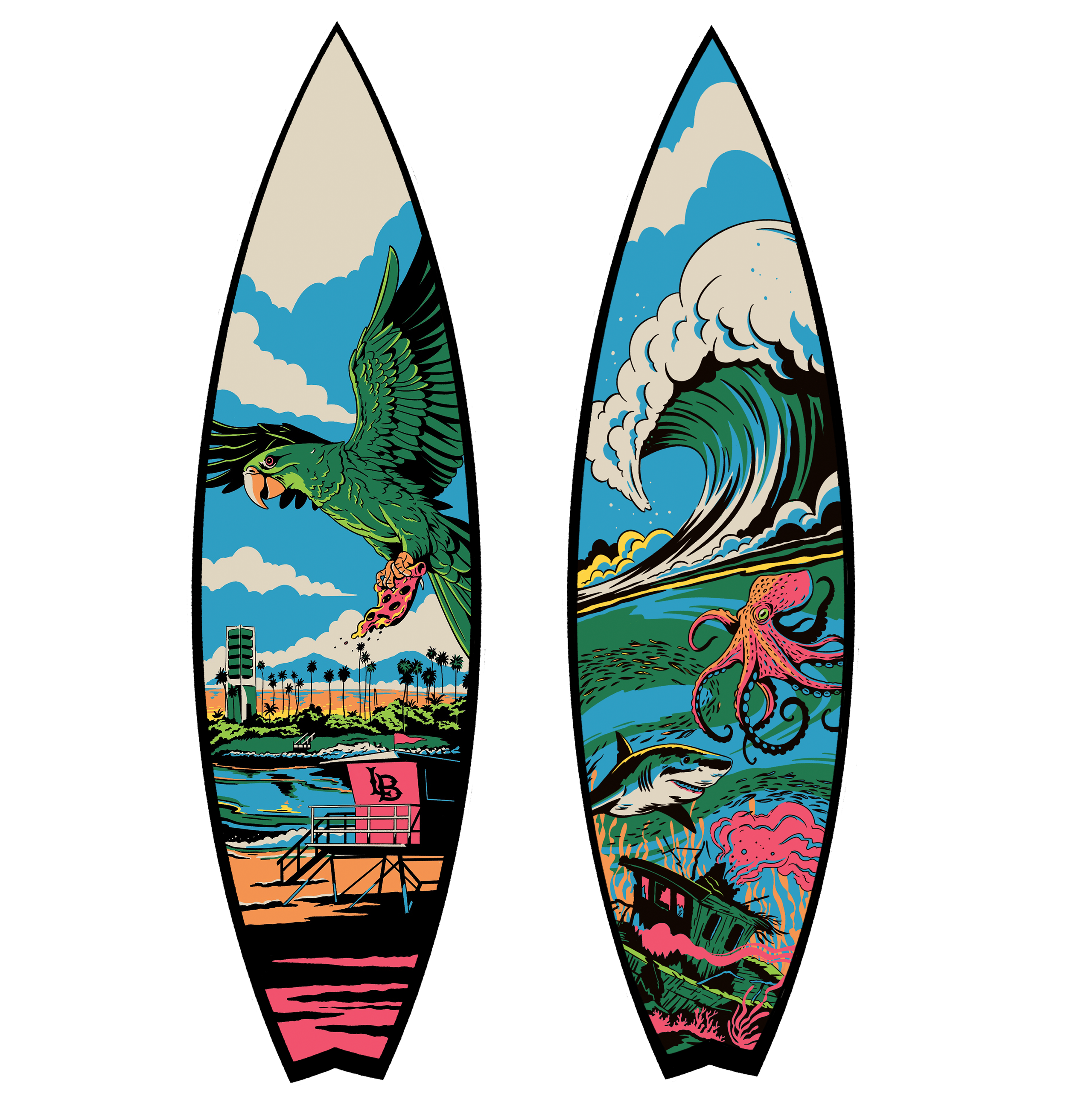 Two surfboards with colorful designs featuring ocean waves, beach scenes, and marine animals like a shark and an octopus.