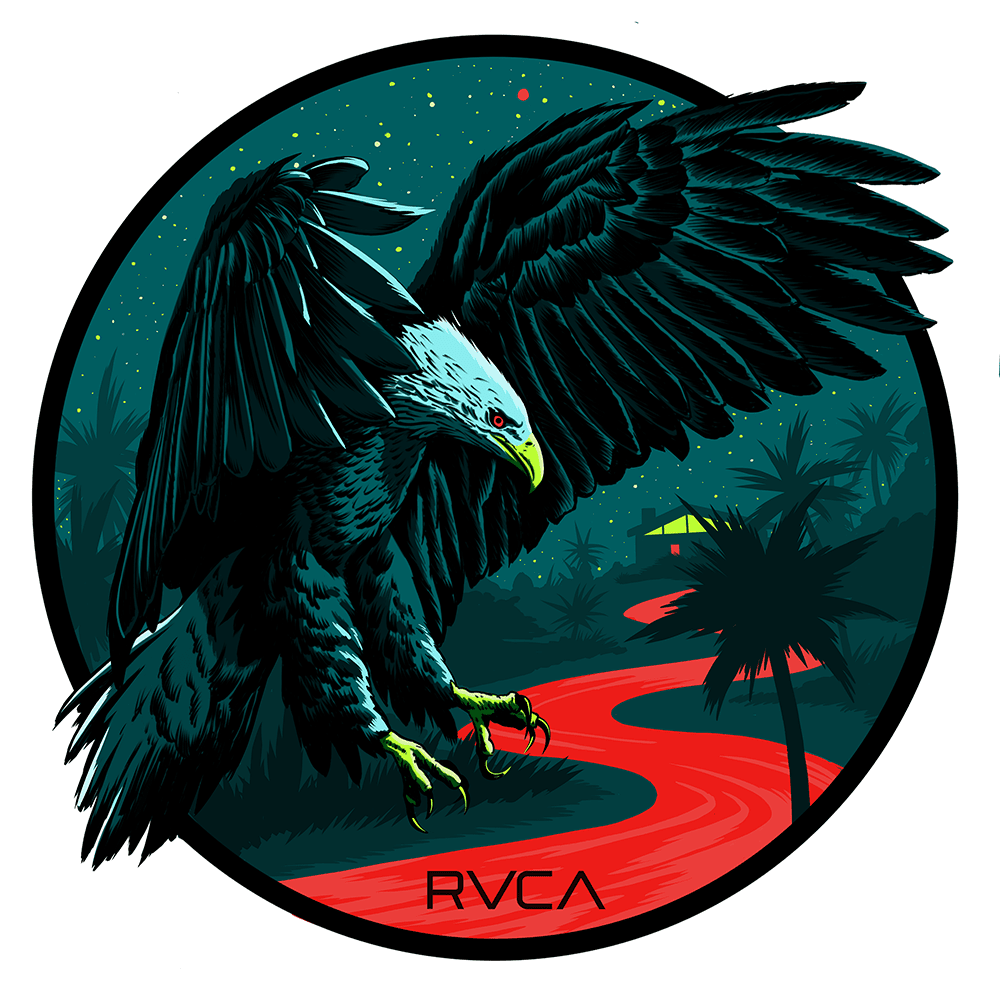 Illustration of a black eagle with white head and red eyes, perched with its wings spread in front of a landscape with a night sky, stars, palm trees, mountains, and a winding red river. The text 'RVCA' is at the bottom.