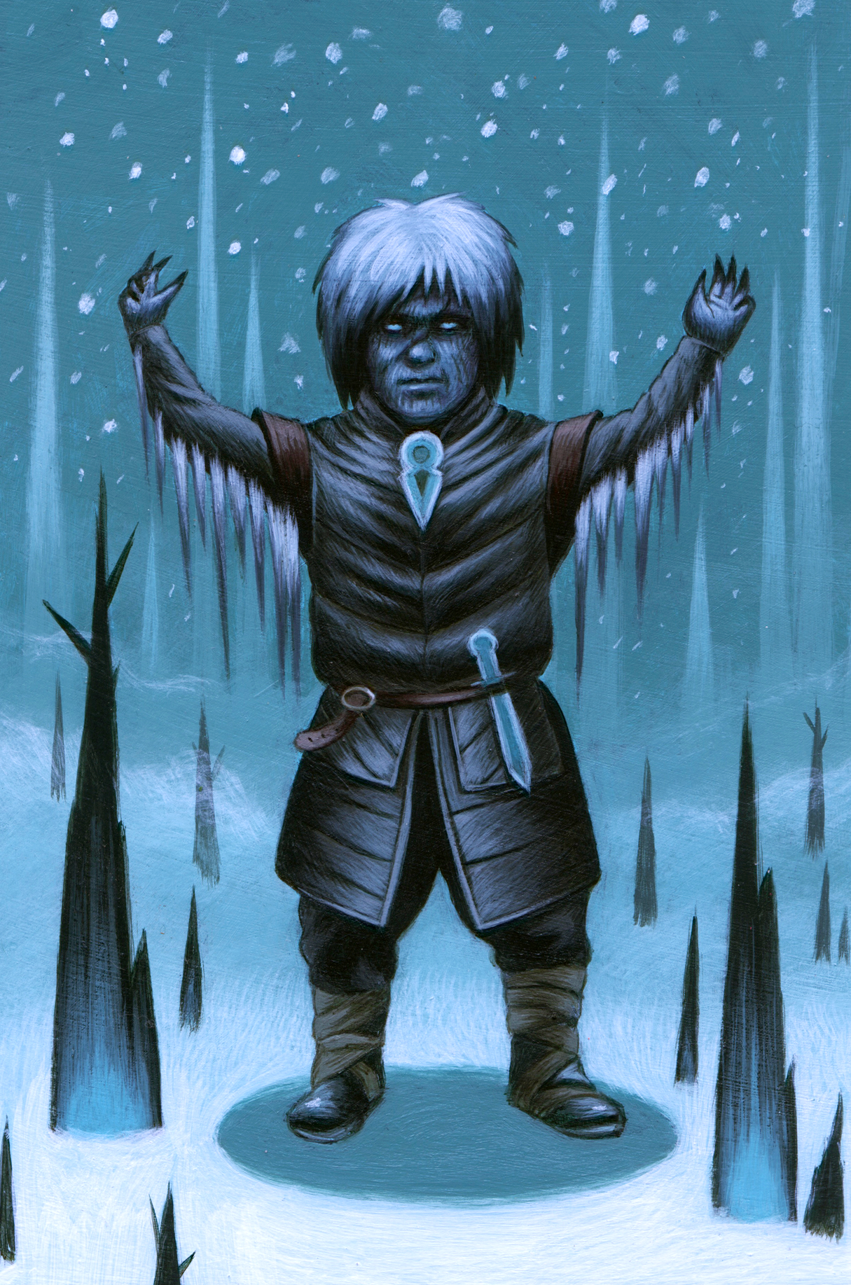 A character with white hair and pale skin standing with arms outstretched in a snowy, dark forest. The character wears dark clothing with a dagger hanging at the waist and has a serious or intimidating expression.
