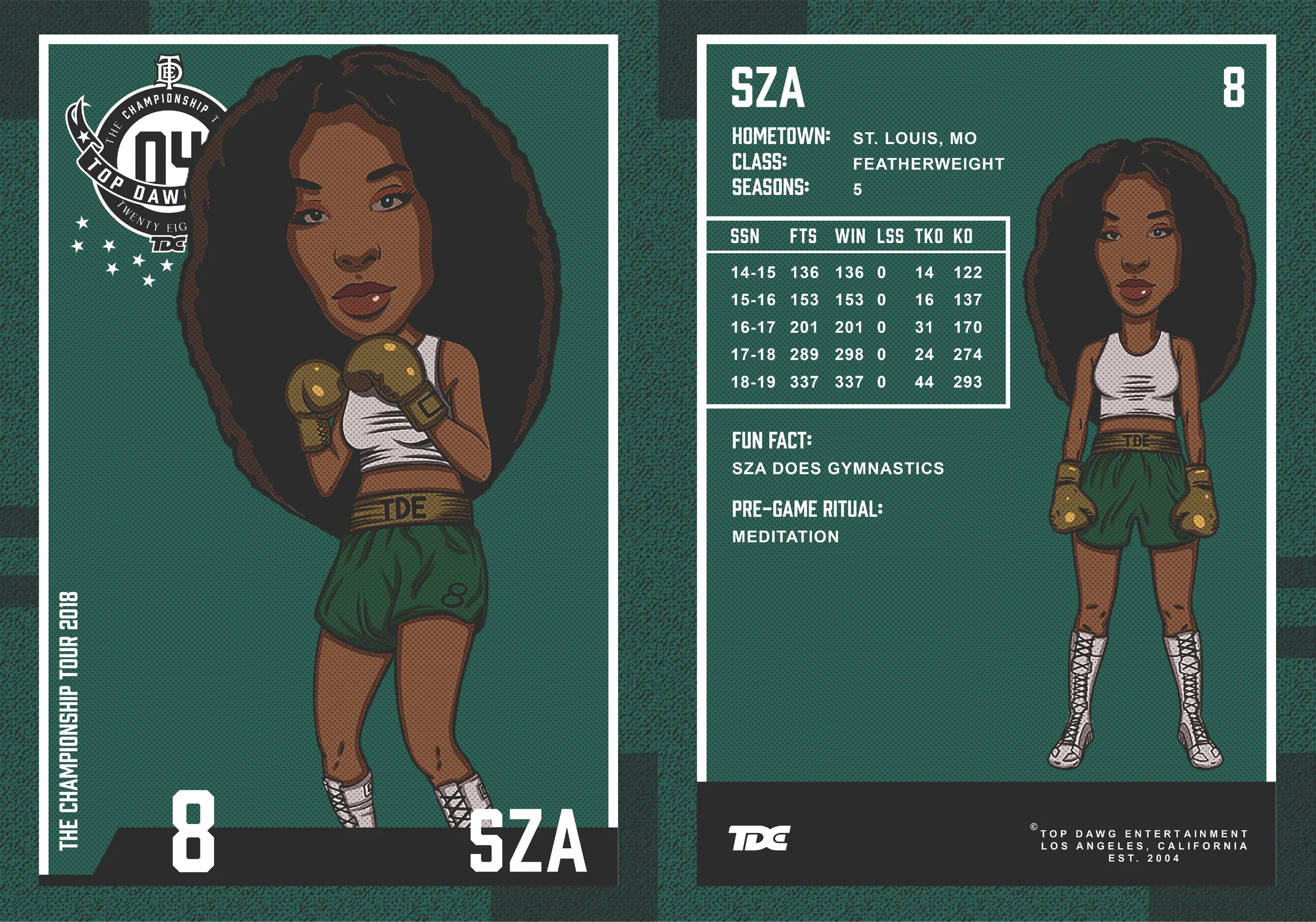 Illustrated sports trading card of a female boxer with long, curly hair, wearing boxing gloves, white tank top, and green shorts with 'TDE' waistband, standing in a boxing stance. The card displays her name initials 'SZA', hometown St. Louis, MO, class featherweight, and five seasons. The left side has a cover design with her portrait, boxing gloves, and event logo, while the right side provides her statistics and a fun fact about gymnastics. © Top Dawg Entertainment, Los Angeles, California, established 2004.