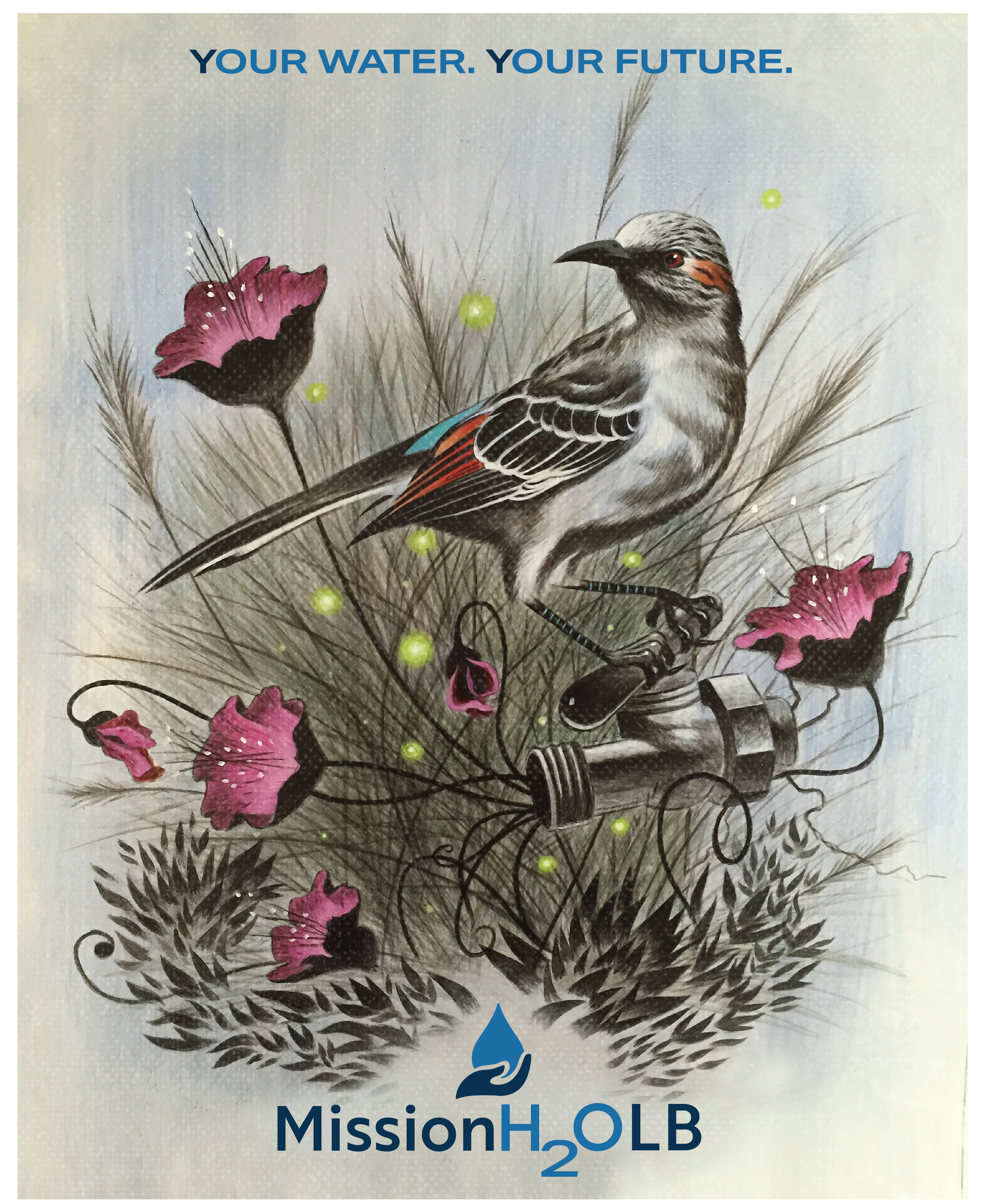 A water droplet shape with a water drop logo and text that reads 'MissionH2O B' below it, featuring a detailed illustration of a bird surrounded by pink flowers, grasses, and berry-like green orbs, with the words 'YOUR WATER. YOUR FUTURE.' at the top.