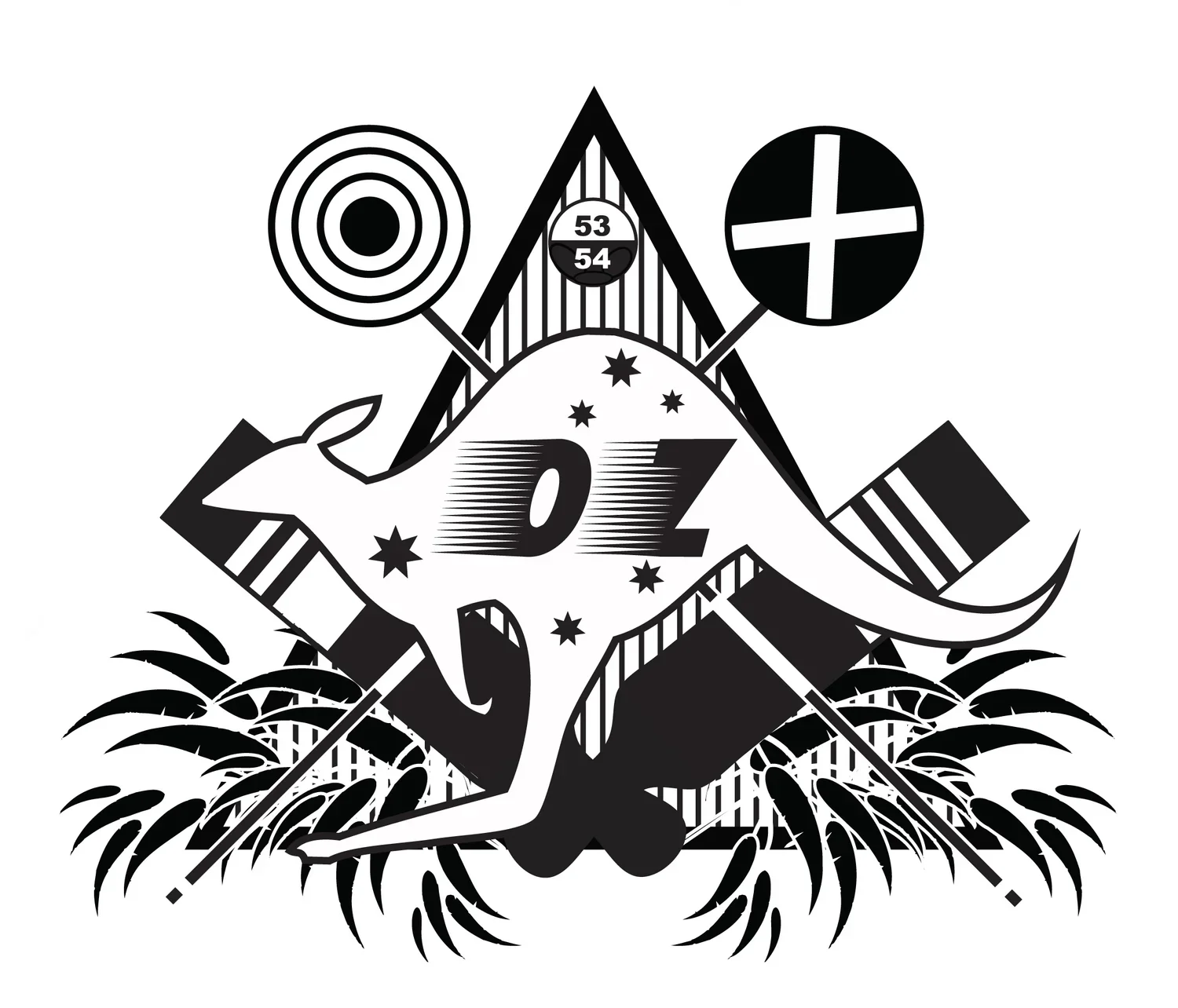 Black and white illustration featuring a cow with stars and a lightning bolt on its body, set against a background of mountains and grass. Two crossed tools, a target, and a circular symbol with a cross are above the cow.