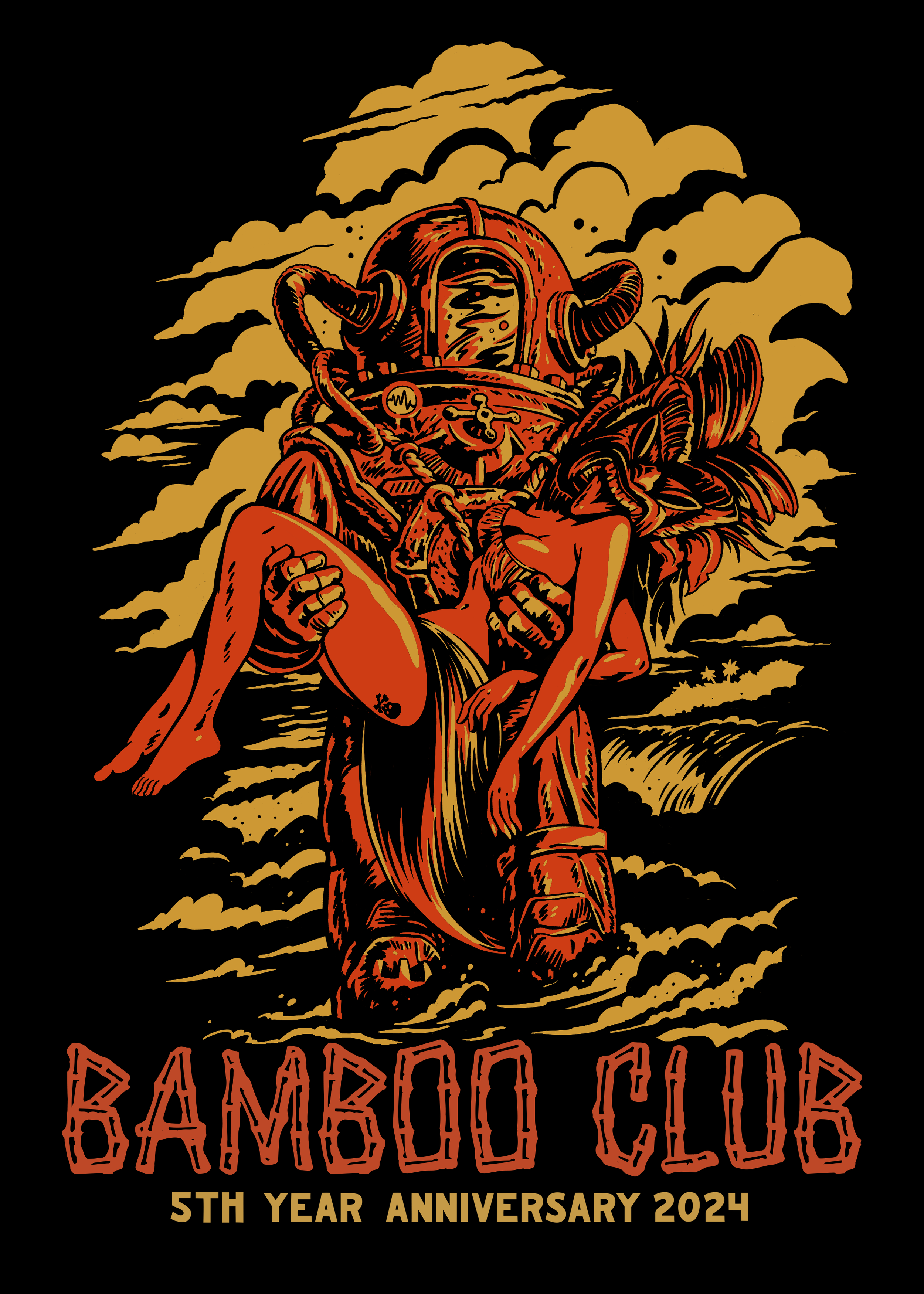 A graphic design celebrating the 5th anniversary of Bamboo Club in 2024, featuring a skeleton wearing a deep-sea diving suit holding a large fish with a pumpkin on its tail, against a dark background with clouds and a horizon, and text showing the event details.