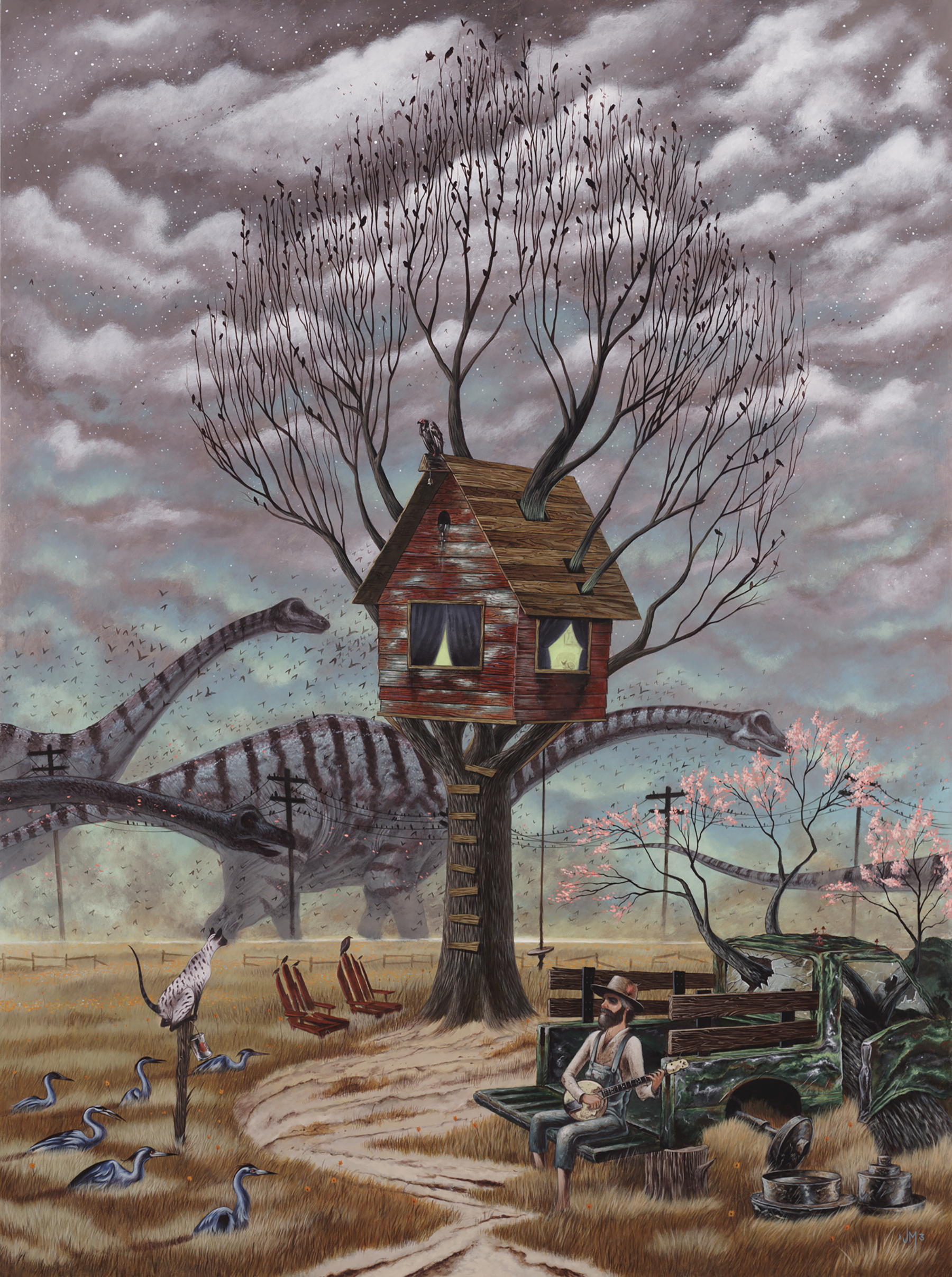 A surreal landscape with a large tree with house-like branches and a musician playing guitar at the base. A dinosaur is nearing the tree, and blue cranes are walking in the foreground. The scene has an overcast sky with clouds and birds.
