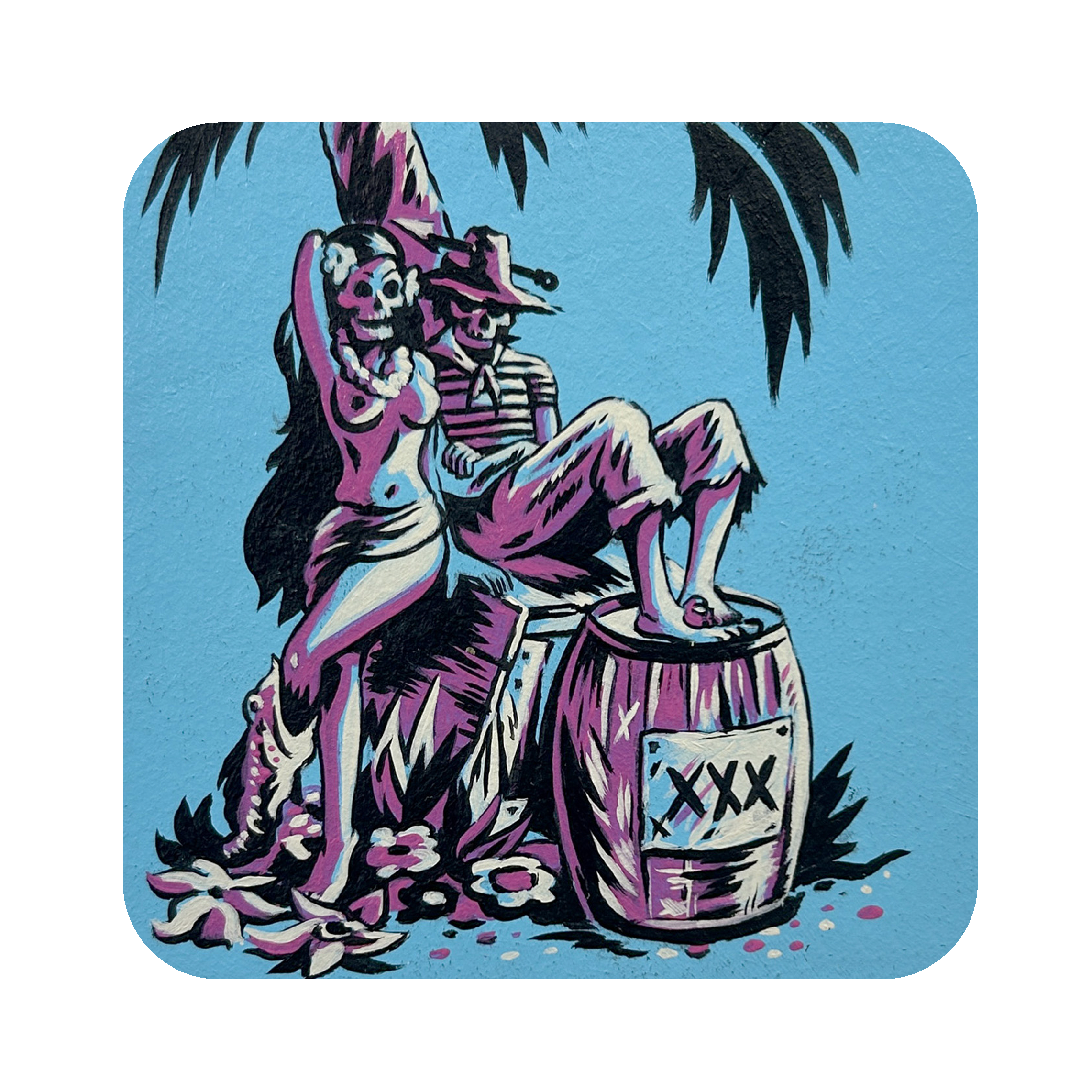 Graffiti art featuring a skeleton playing a guitar, seated under palm tree leaves on a light blue background.