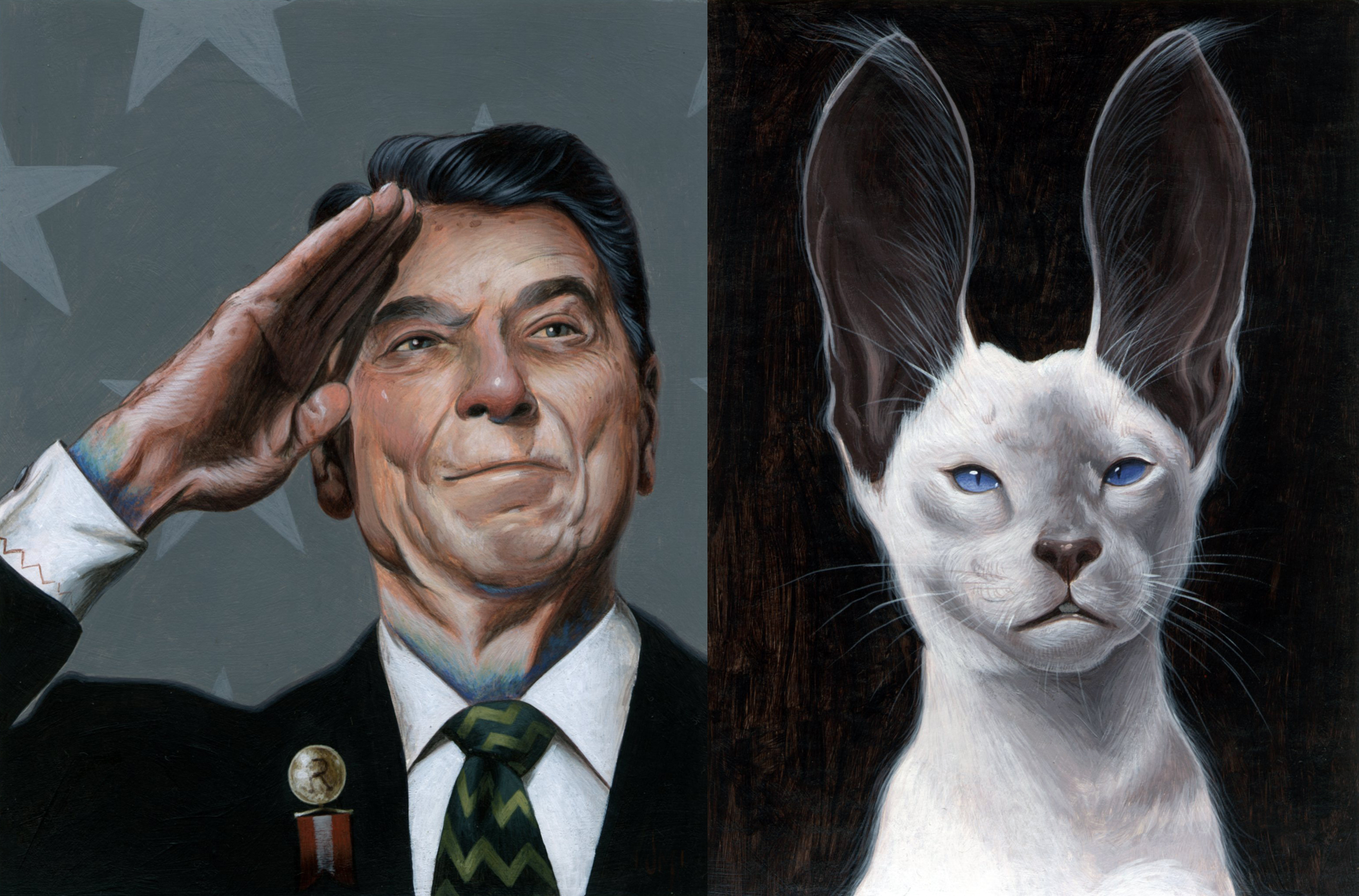 Hall of Politicians commission of Dapper Ronnie and a pet commission of a cat - rabbit / Acrylic on illustration board. 6x8in. 
