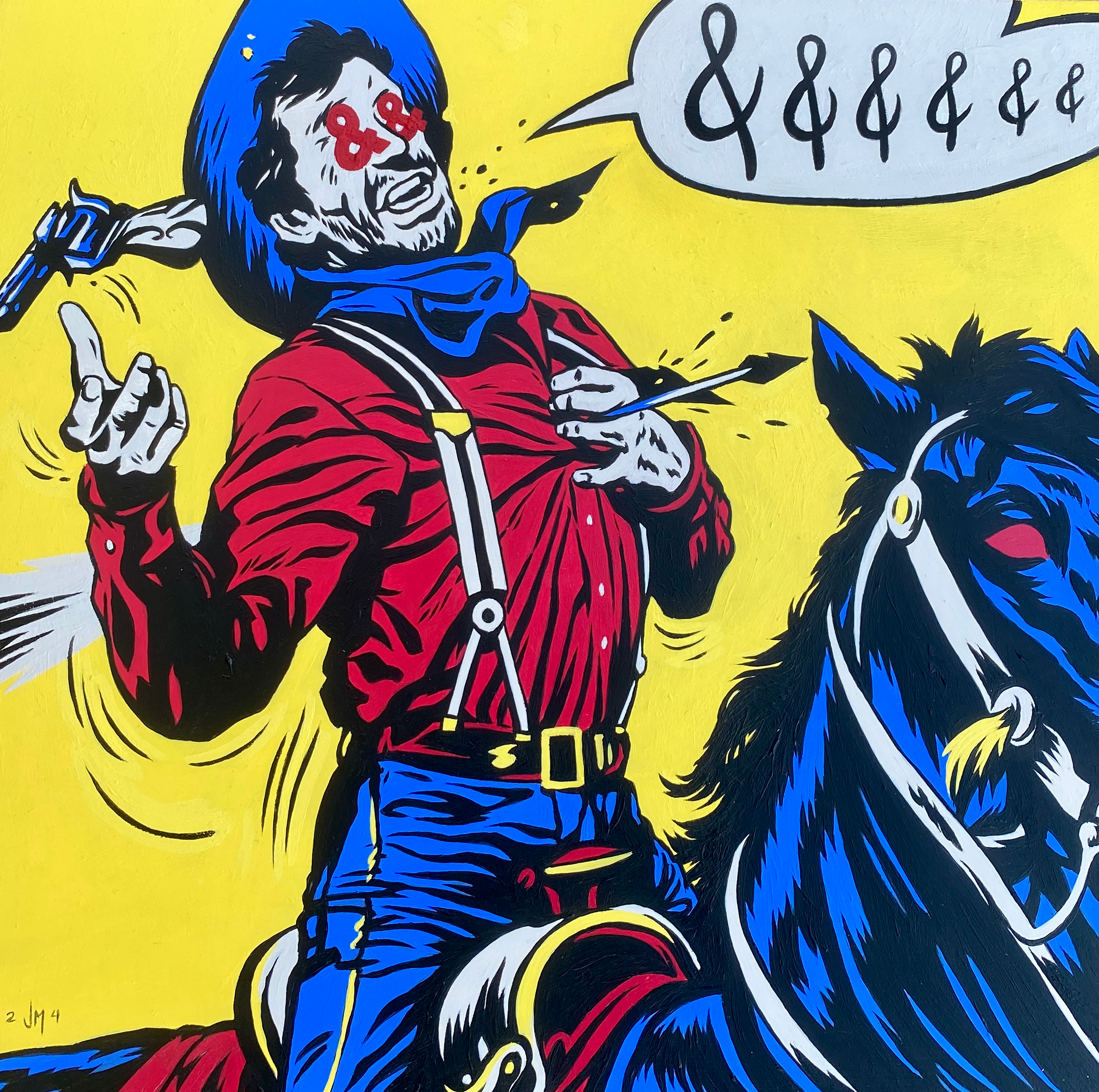 Pop art style of a man with dark hair and beard, wearing a red jacket with black stripes and a blue hoodie, holding a book and a pencil, with a dog beside him, against a yellow background.