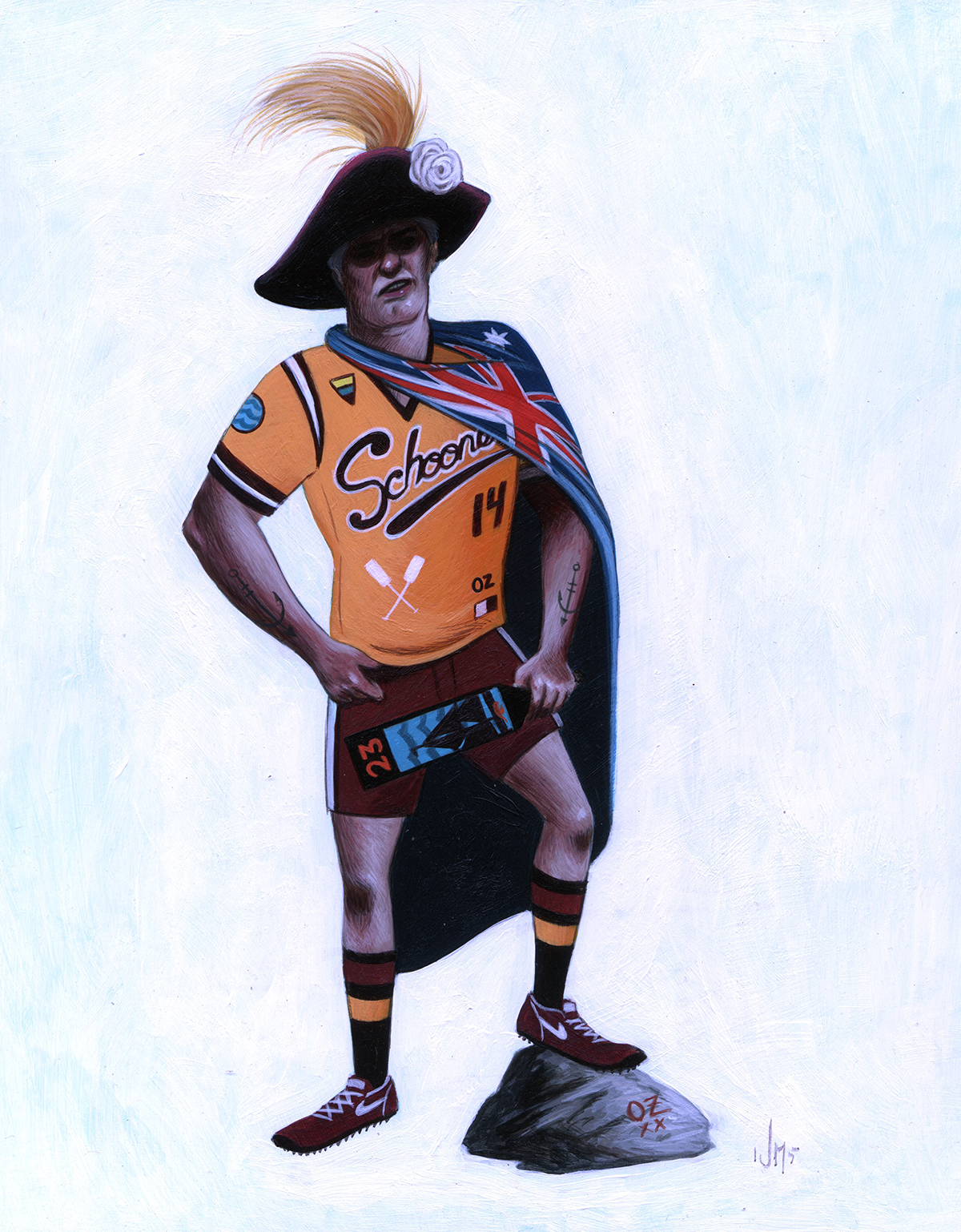 Painting of a woman in sportswear with a large hat, scarf, and sneakers, standing on a rock with one foot up, holding a skateboard, against a plain light background.