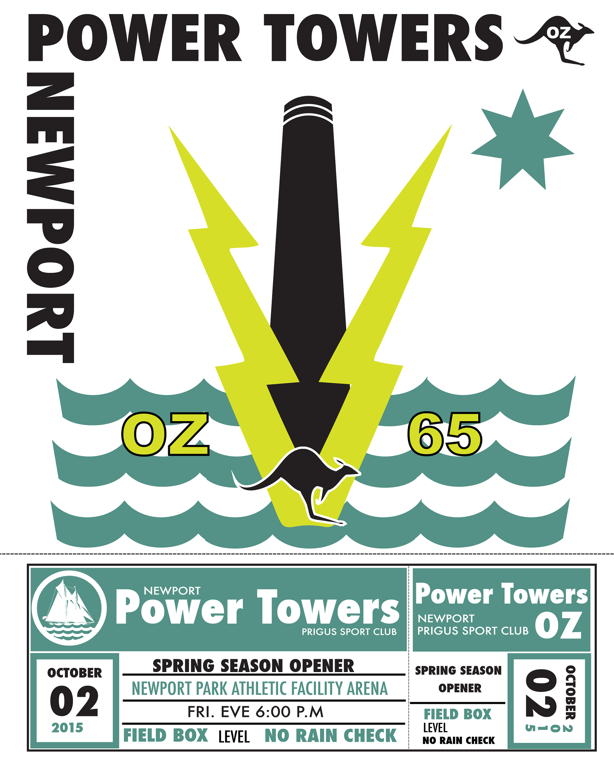 Event poster for Newport Power Towers at Prigus Sport Club, with details about a spring season opener on October 2, 2015, at Newport Park Athletic Facility Arena, scheduled for 6:00 PM, with a field box level and no rain check policy.