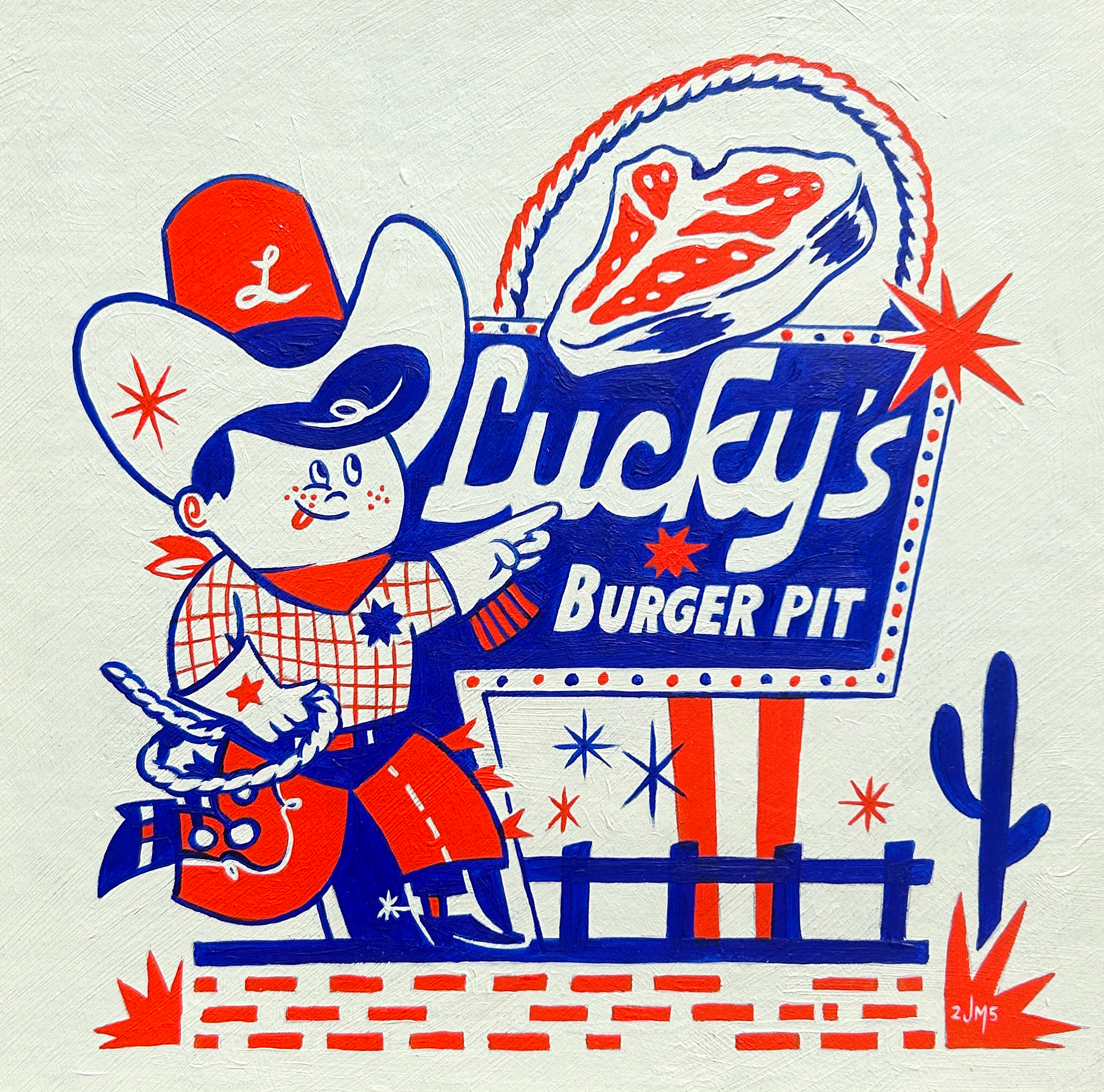 Retro-style illustration of a person in a checkered outfit with red and blue colors, holding a large burger with toppings, and a soda with a lid and straw. The background includes stars and various decorative elements.