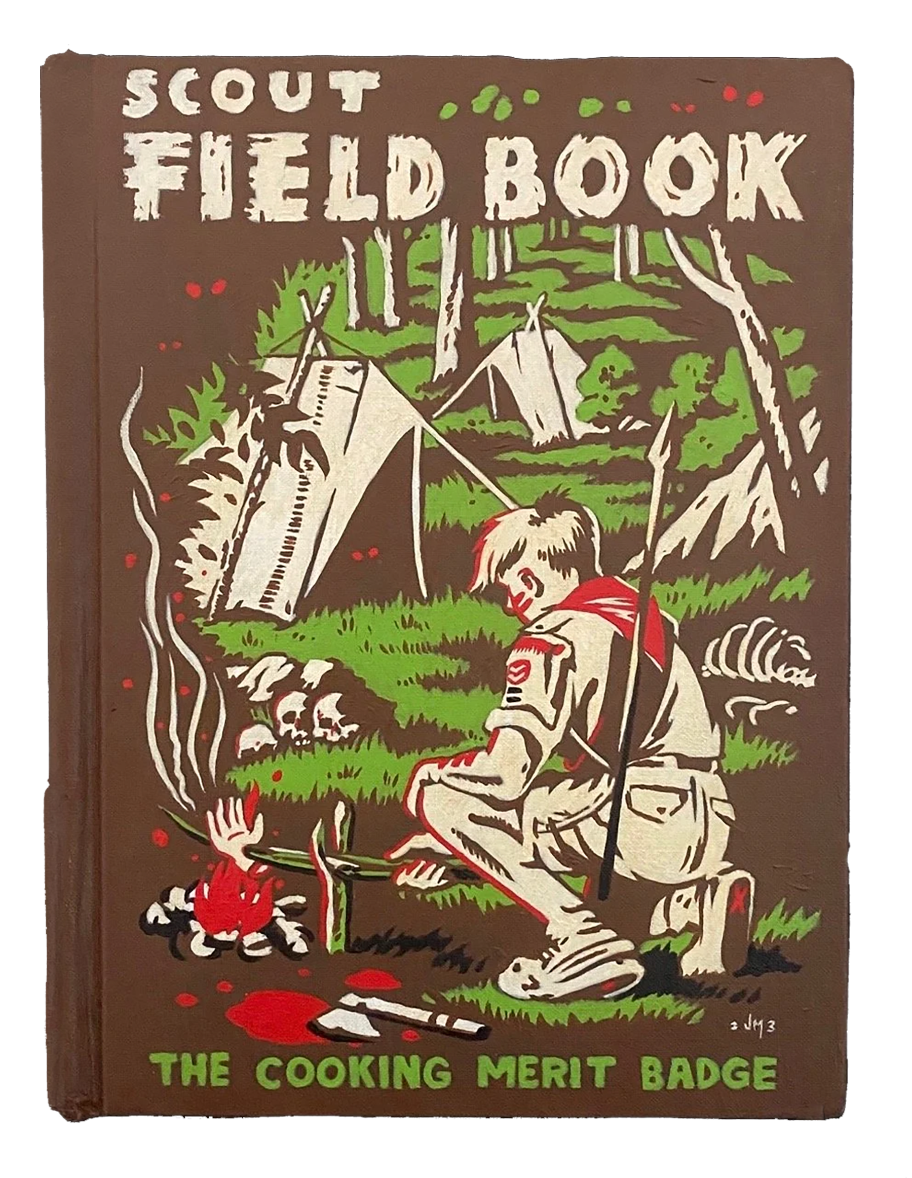 Illustration of a scout sitting by a campfire, tending a pot, with a tent and trees in the background. The text reads 'Scout Field Book' at the top and 'The Cooking Merit Badge' at the bottom.