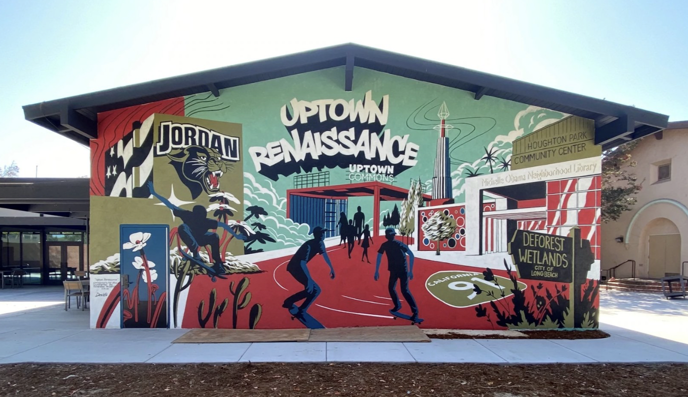 Colorful mural depicting a skateboarding scene with text highlighting the Uptown Renaissance, Jordan brand mascot, community centers, parks, libraries, wetlands, and Long Beach, California.