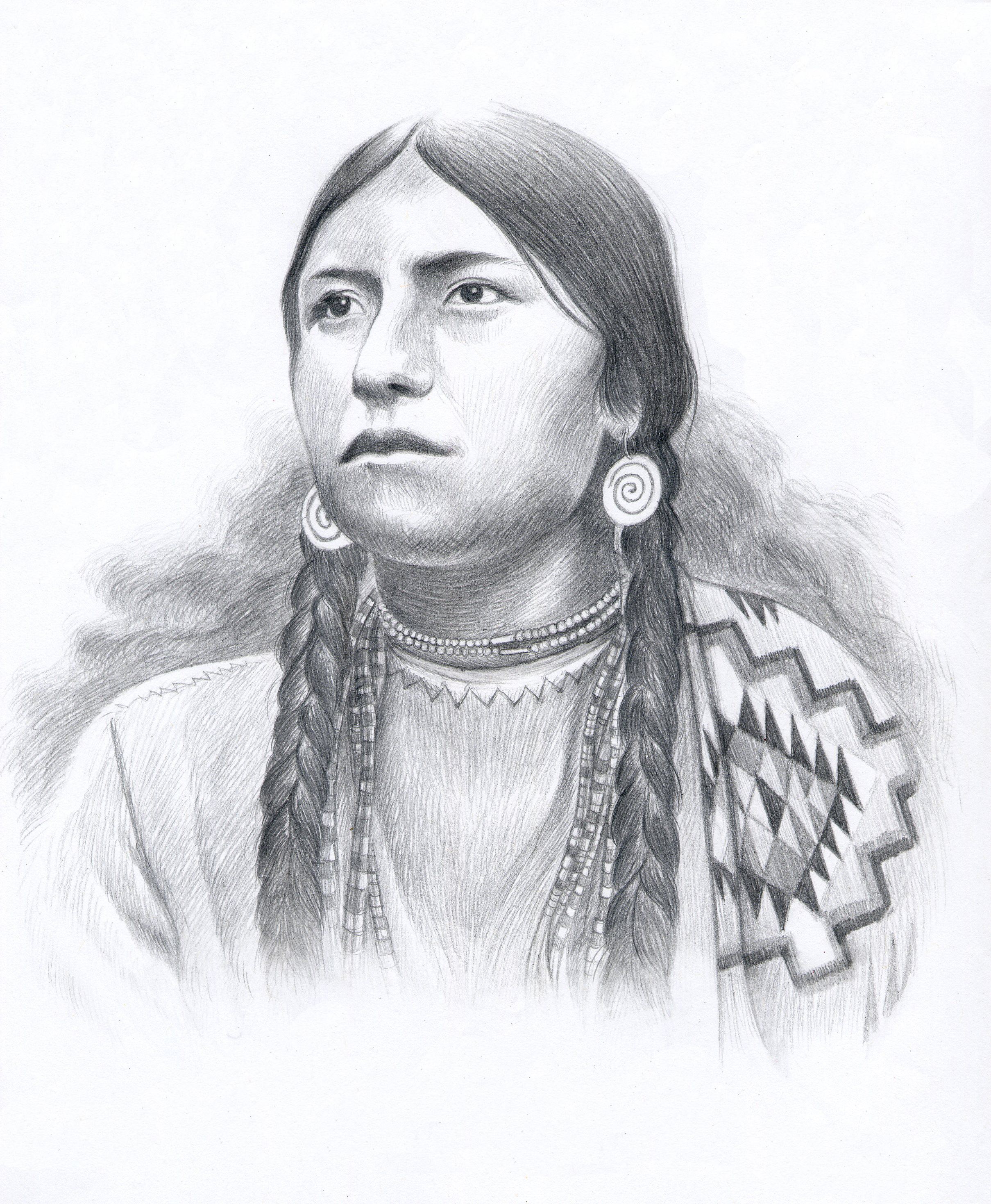 A realistic graphite pencil drawing of a Native American woman with long braided hair, wearing traditional jewelry, earrings with spiral designs, multiple beaded necklaces, and a patterned shawl or dress.