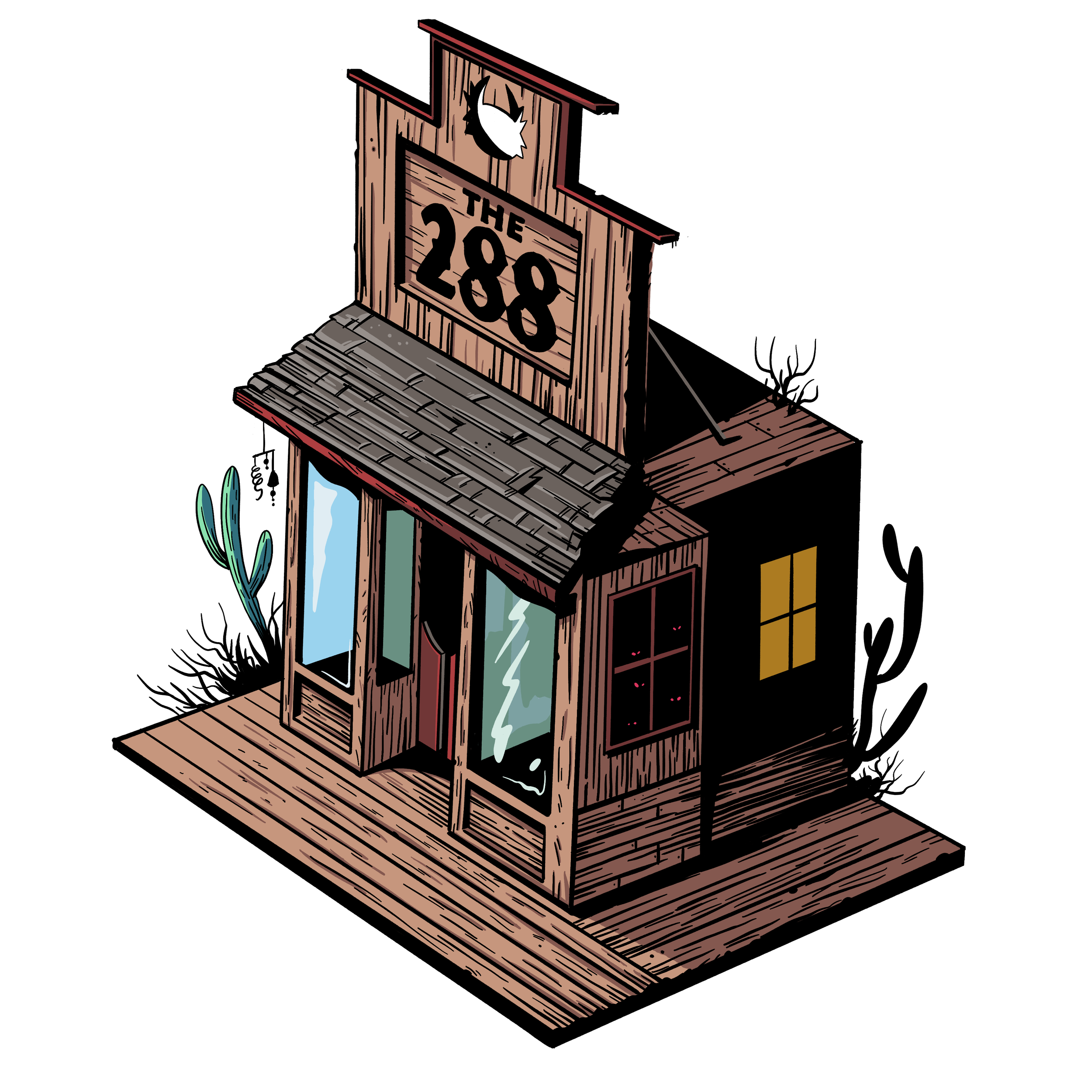 A wooden building with a large sign reading "The 2808" on the front and a dark silhouette of a horned creature on the roof. The building features large windows and appears to be a bar or restaurant, with a wooden deck in front and some plants nearby.