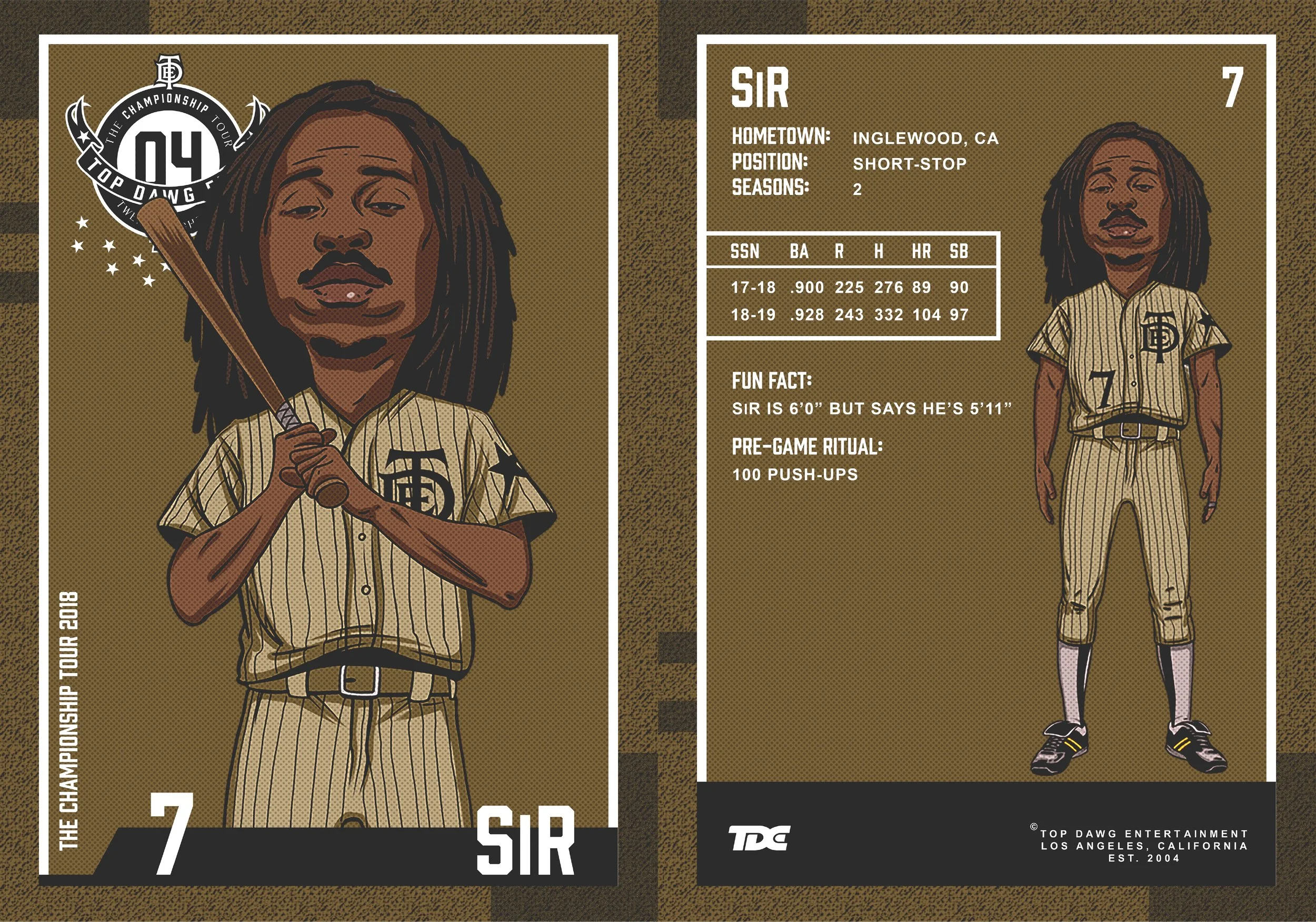 Illustrated baseball trading card featuring a player in a beige striped uniform holding a bat, with long dreadlocks, a mustache, and goatee. The card includes team and player information and a fun fact about the player's height.
