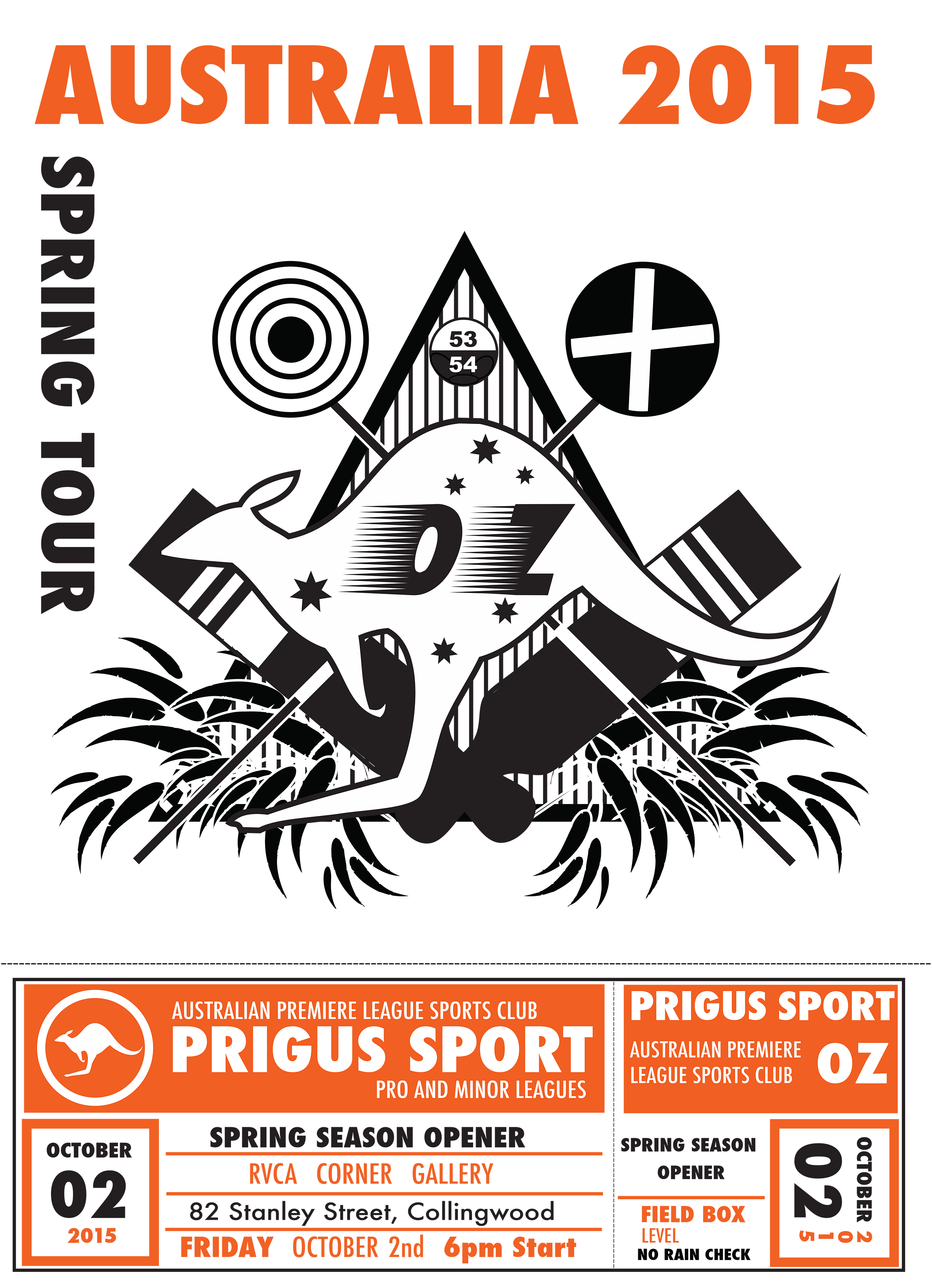 Promotional ticket for the Australian Premiere League Sports Club's Prigus Sport event featuring a kangaroo logo, a Nike symbol, and details about the event, including date, league, and location.