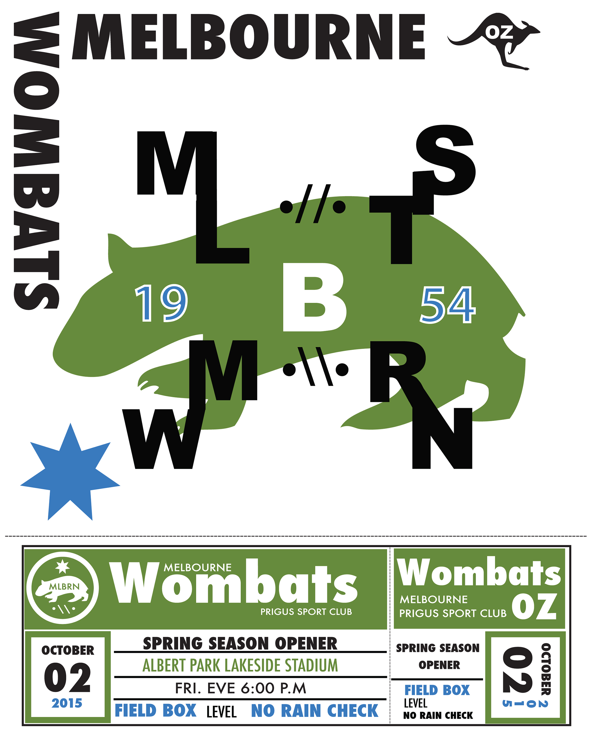 A sports event poster for the Melbourne Wombats baseball team, promoting their spring season opener at Albert Park Lakeside Stadium on October 2, 2015, at 6:00 PM, with details about game conditions and a field box ticket option.