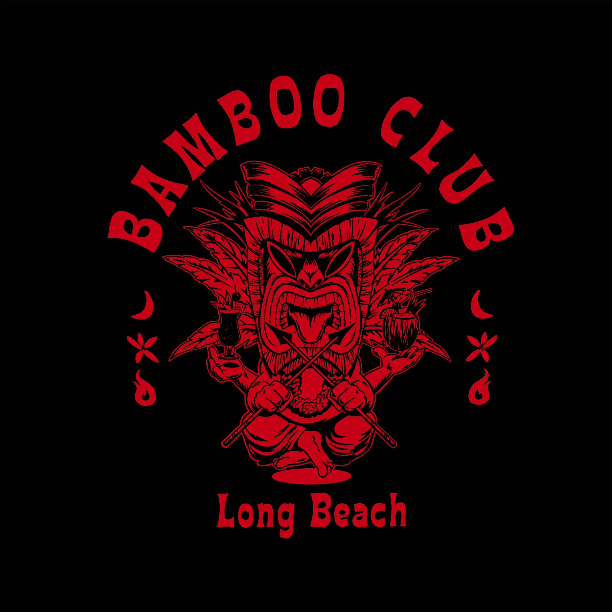 A black background with a red and black graphic of a stylized demon or devil face, surrounded by flaming details. The text reads 'Bamboo Long Beach' in a curved arrangement.