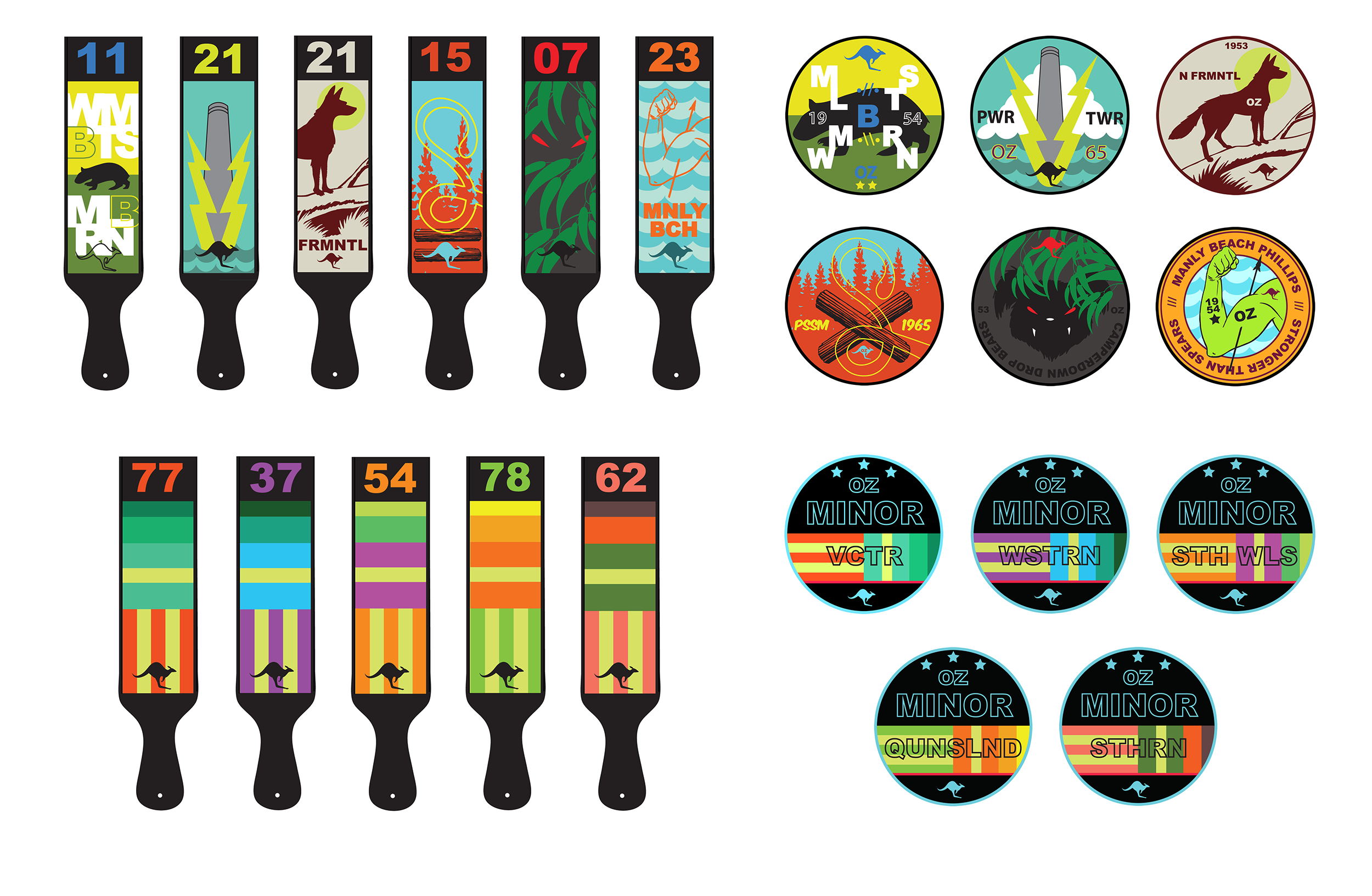 A collection of colorful pet ID tags and harness tags featuring various designs and text, including numbers, animals, and other graphic elements.
