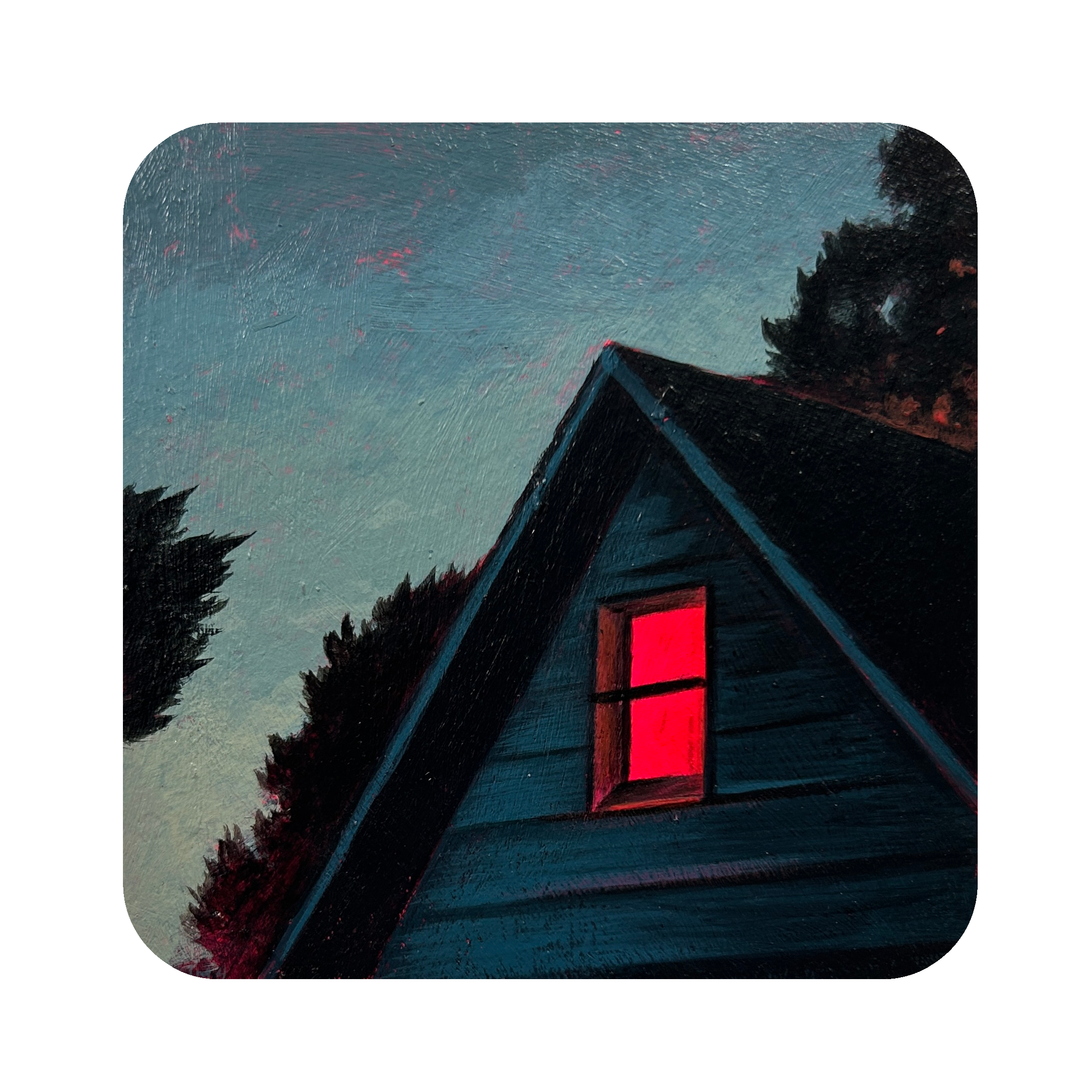 Nighttime scene of a house with a large illuminated red window, dark trees around, and a starry sky with streaks of clouds.