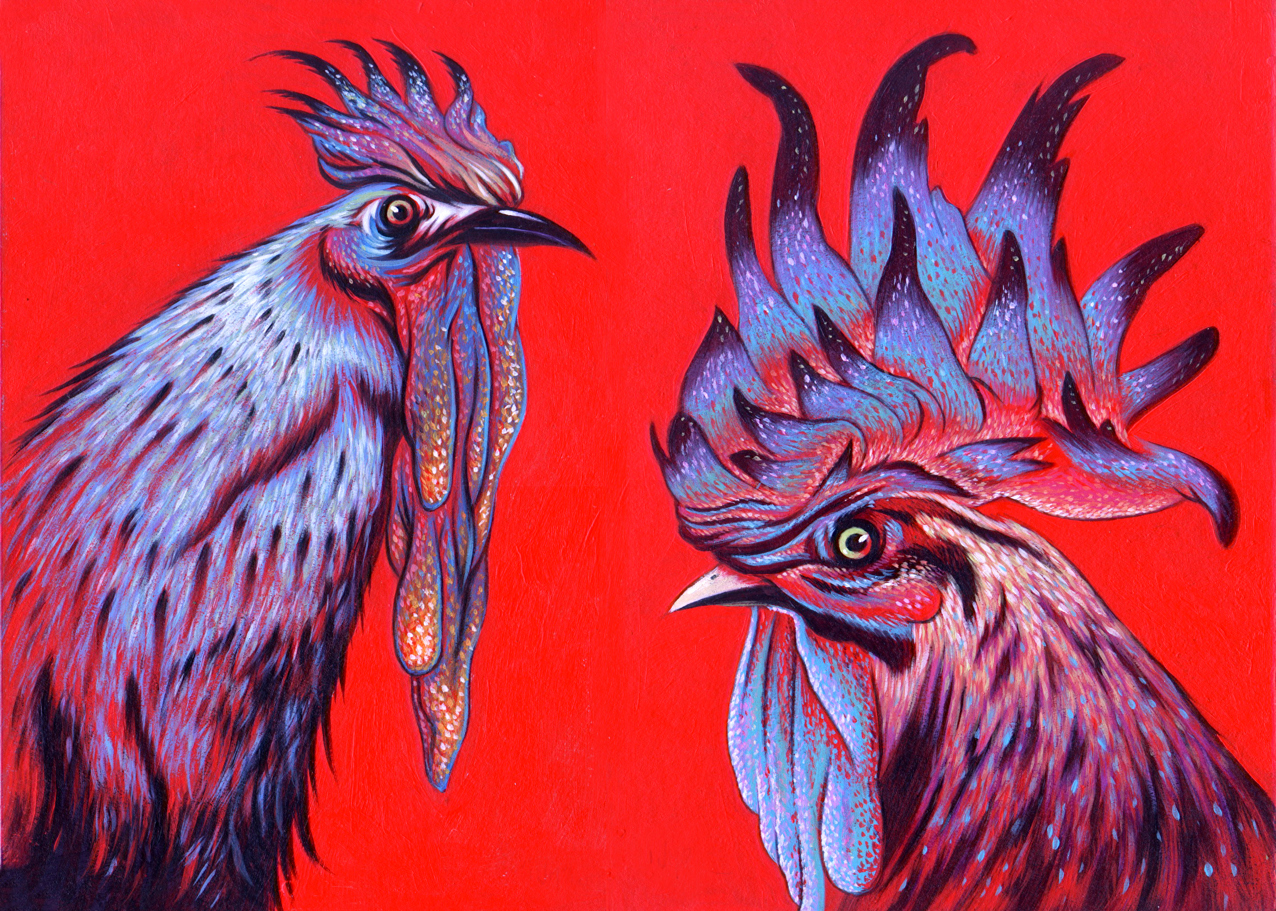 Painting of a rooster and a hen on a bright red background, rendered in vibrant colors and expressive style.