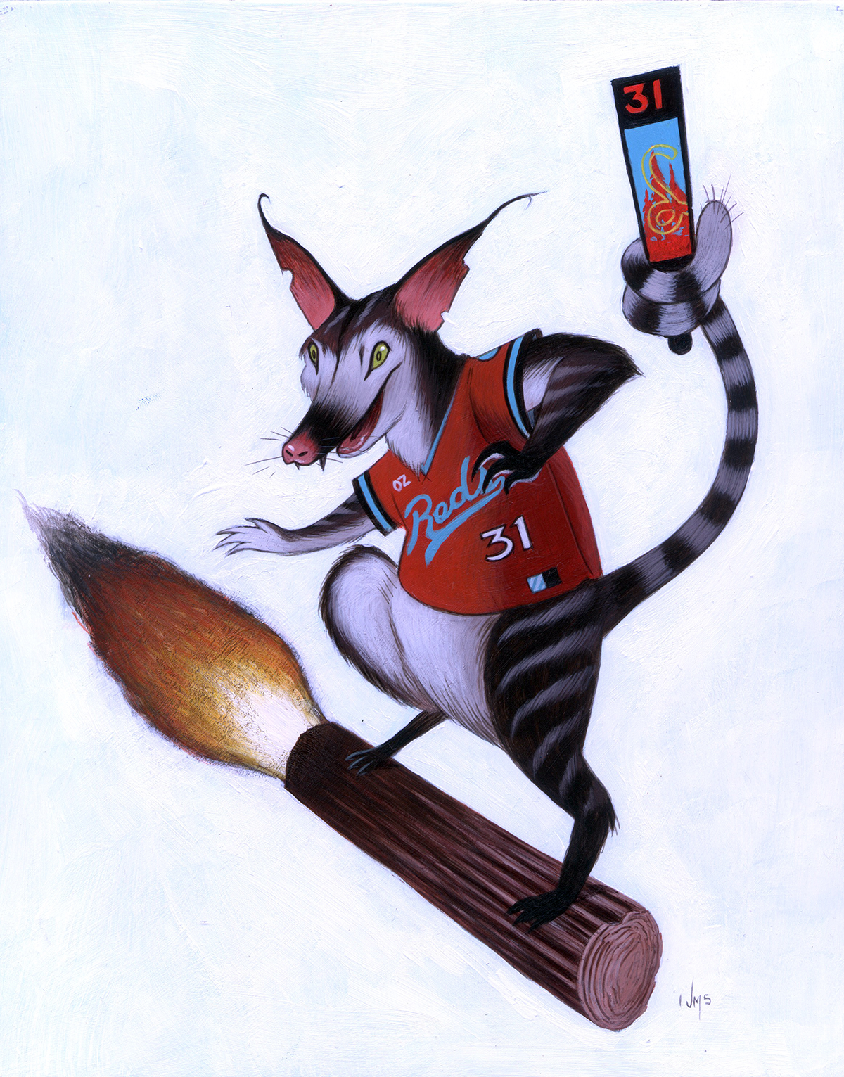 A cartoon-style illustration of a lynx, wearing an orange basketball jersey with the number 31 and the word 'Reds,' riding a log on a paintbrush handle, holding a rectangular card with the number 31 and fire and water symbols.