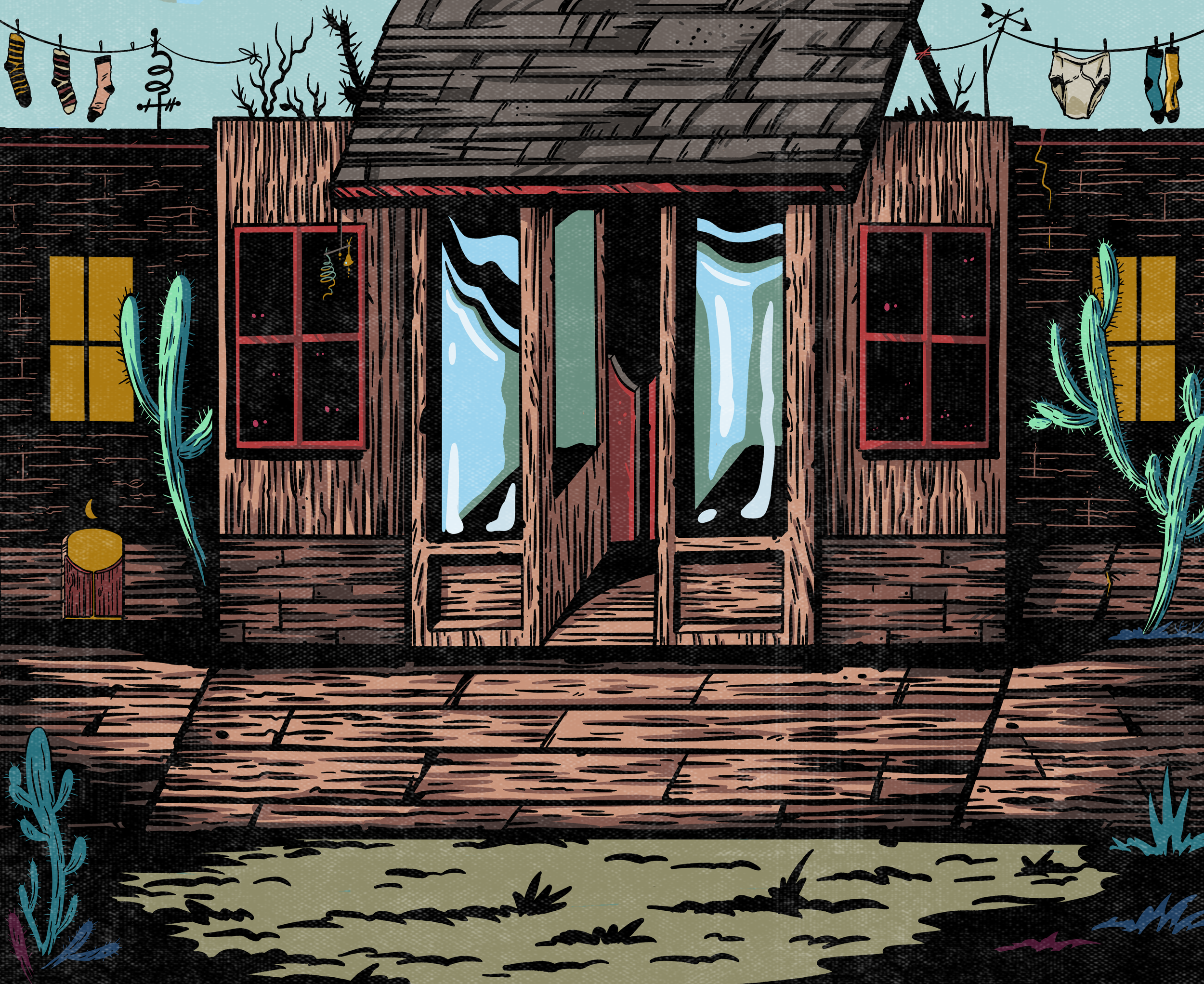 A colorful, cartoon-style illustration of a wooden house with an open front door, surrounded by cacti, grass, and a wooden deck. There are windows on each side with yellow shutters, and a clothesline with clothes hanging above the house. The background shows a brick wall and a sky with some clouds.