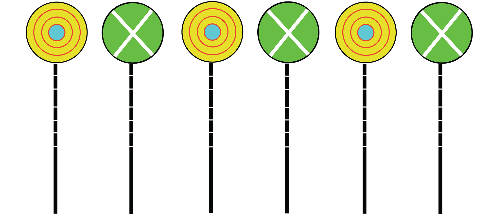 Six golf targets with different color patterns on a white background, each with a black and white striped pole.