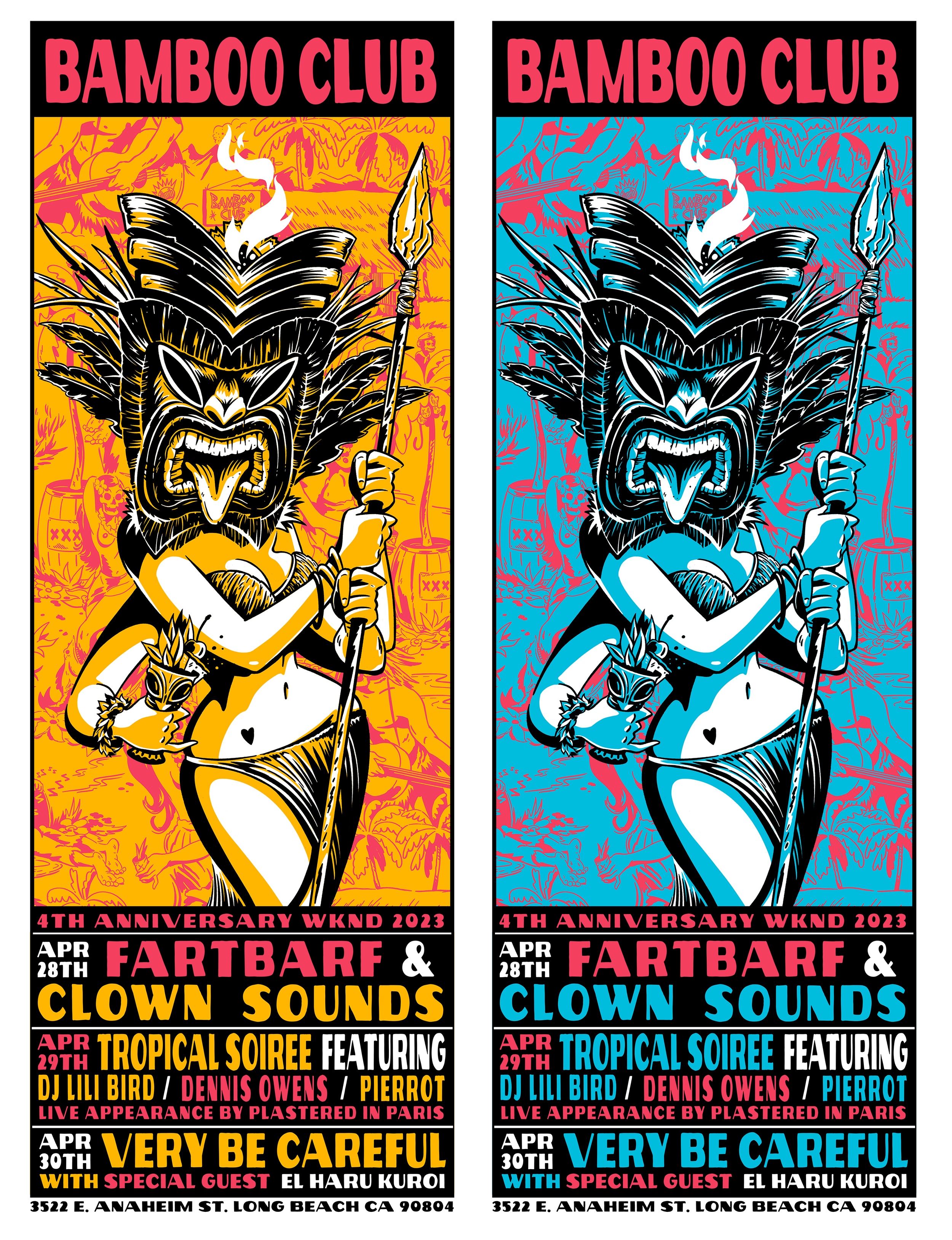 Event poster for the 4th anniversary of Bamboo Club, featuring tropical and clown-themed sounds. The event is on April 28th at 3522 E. Anaheim St., Long Beach, CA 90804. It includes acts like Farbarf, Clown Sounds, Tropical Soiree, and DJ Lili Bird, with special guest El Haru Kuroi. The poster features a colorful graphic of a fierce warrior with a headdress, holding a spear, and similar for both posters but with different color schemes.