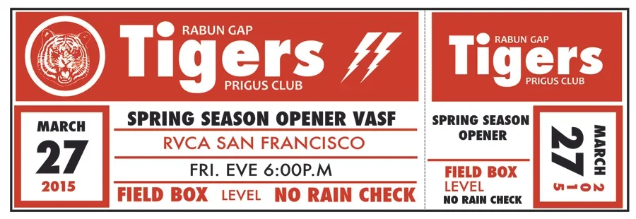 A sports ticket for a game between the Rabun Gap Tigers and Prigus Club on March 27, 2015, at RVCA San Francisco, showing details about the game and field box level with no rain check.