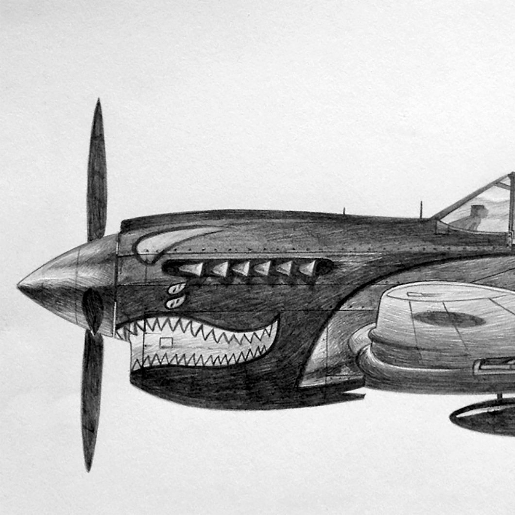Black and white drawing of a shark with a propeller attached to its head, resembling a fighter jet.