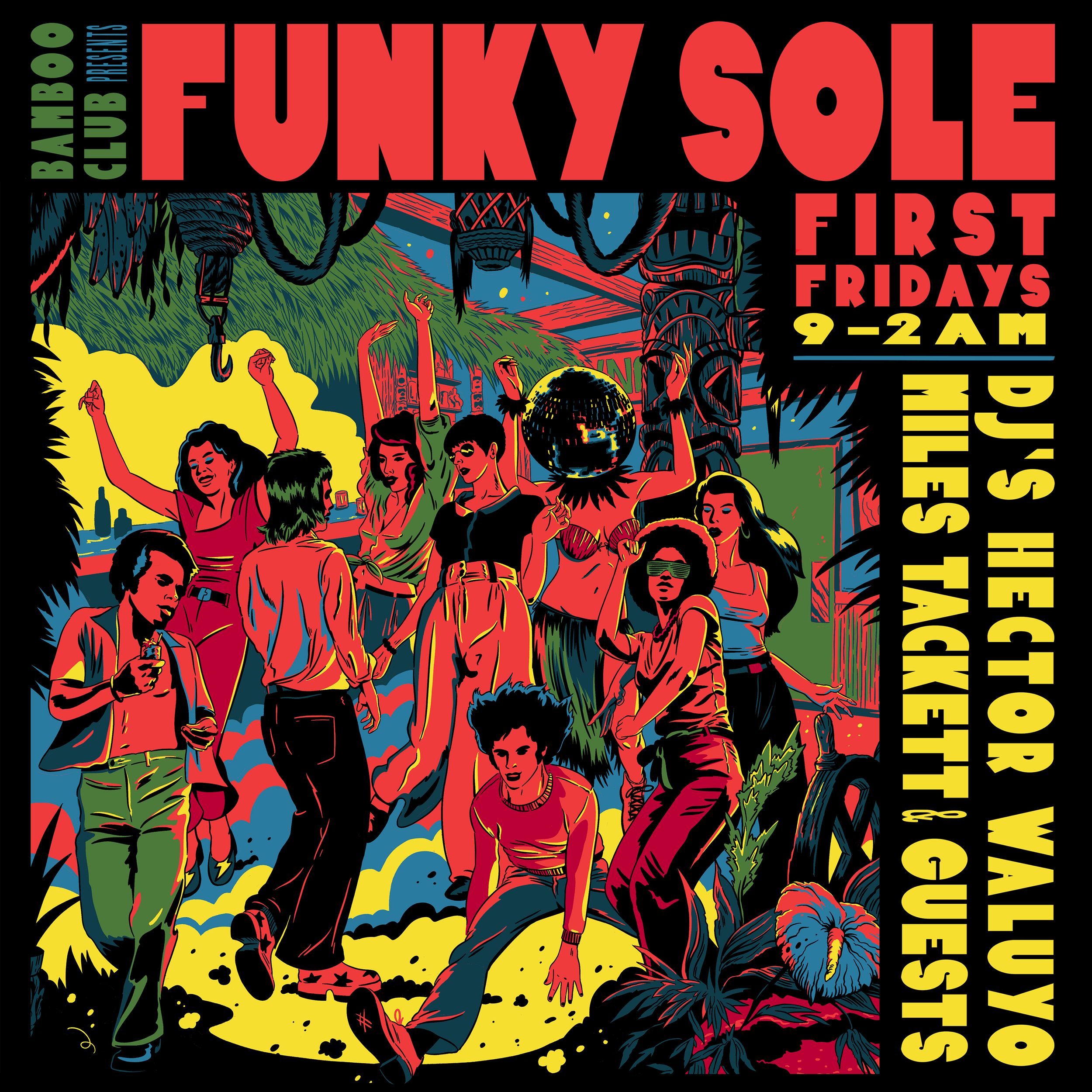 A colorful poster advertising a dance event by Foxy S.O.L.E., featuring a crowd of dancing people, tropical plants, and tribal masks, with details about the event including first Fridays from 9 p.m. to 2 a.m.