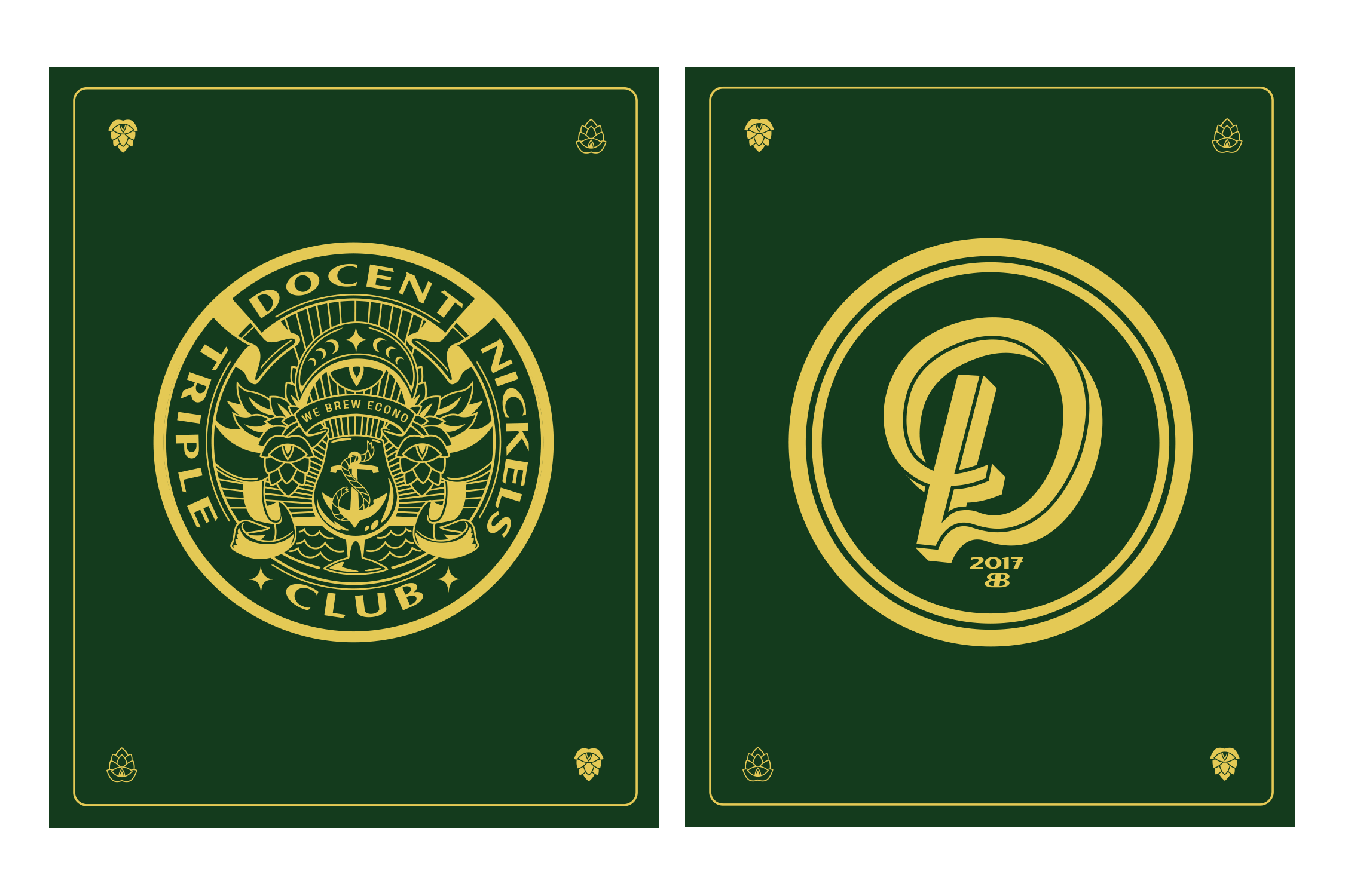 Green playing cards with gold accents, featuring a logo of a stylized animal and text that reads 'Tri-Deck Nici Club' and the number 2 on the back.