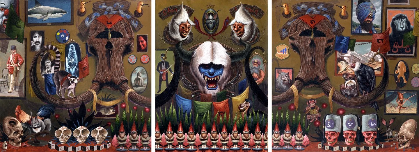 Triptych of surreal, detailed paintings with macabre and fantasy elements, depicting anthropomorphic creatures, skulls, masks, and fantasy characters in a dark, whimsical style.