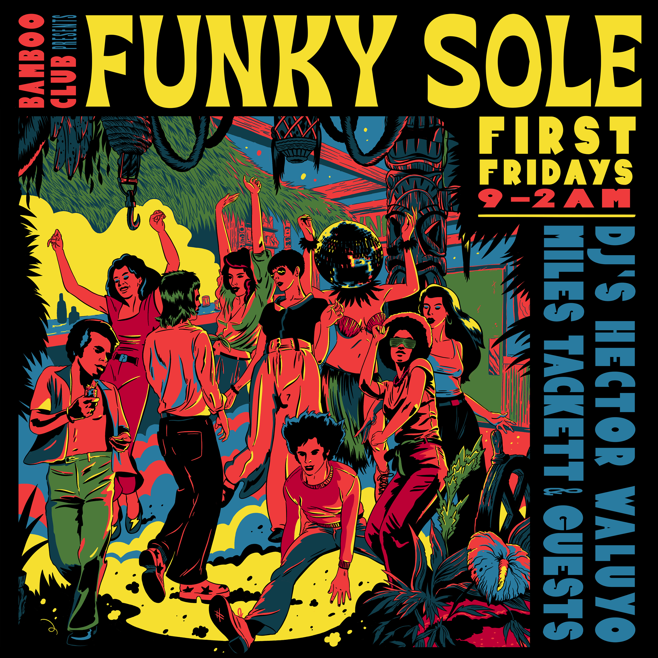 Poster advertising Bushwick's Funky Soiree, a dance party on First Fridays from 9 PM to 2 AM with lively illustrated people dancing, vibrant colors, and tropical foliage.
