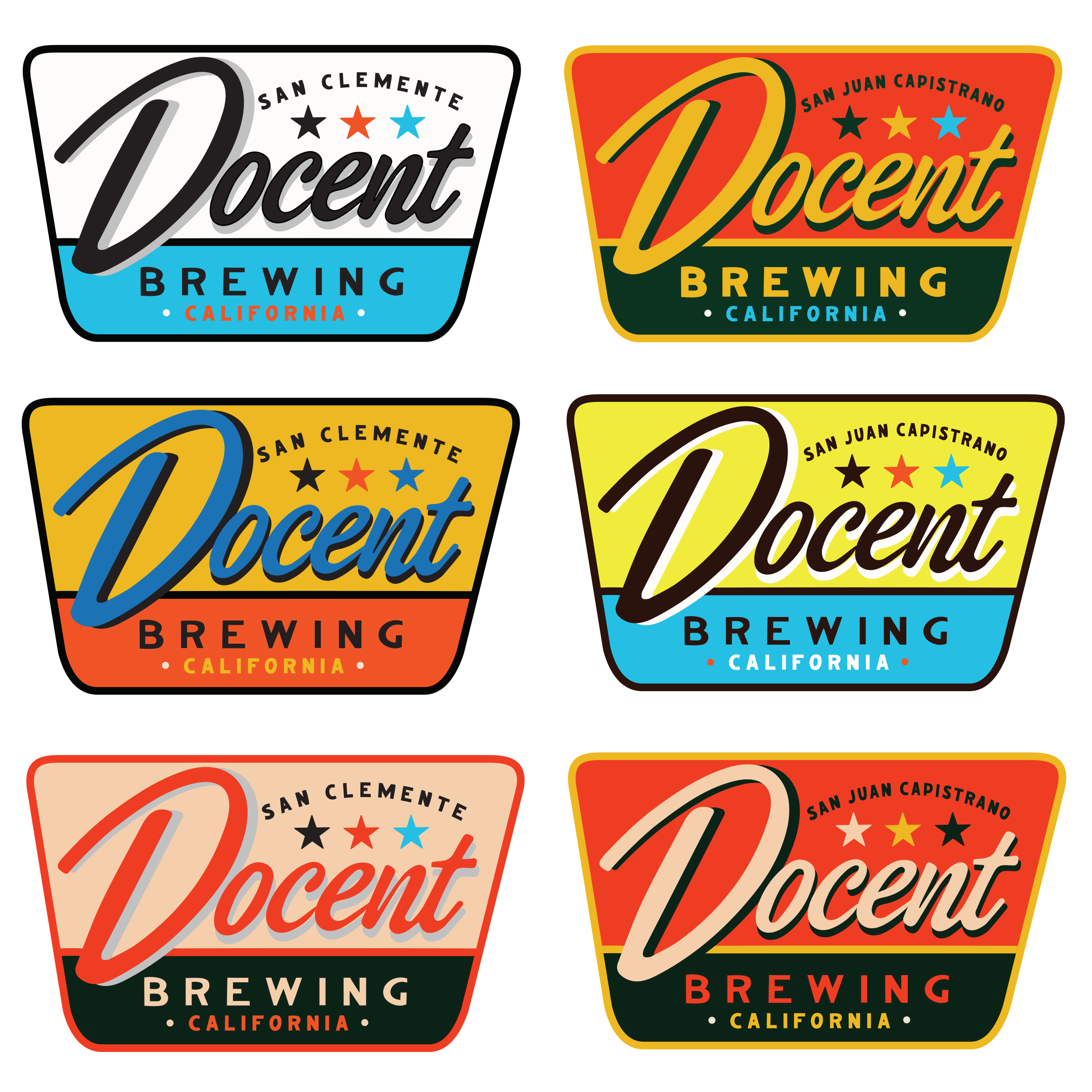 Four colorful logos for Ocient Brewing from California, featuring various color schemes and fonts.