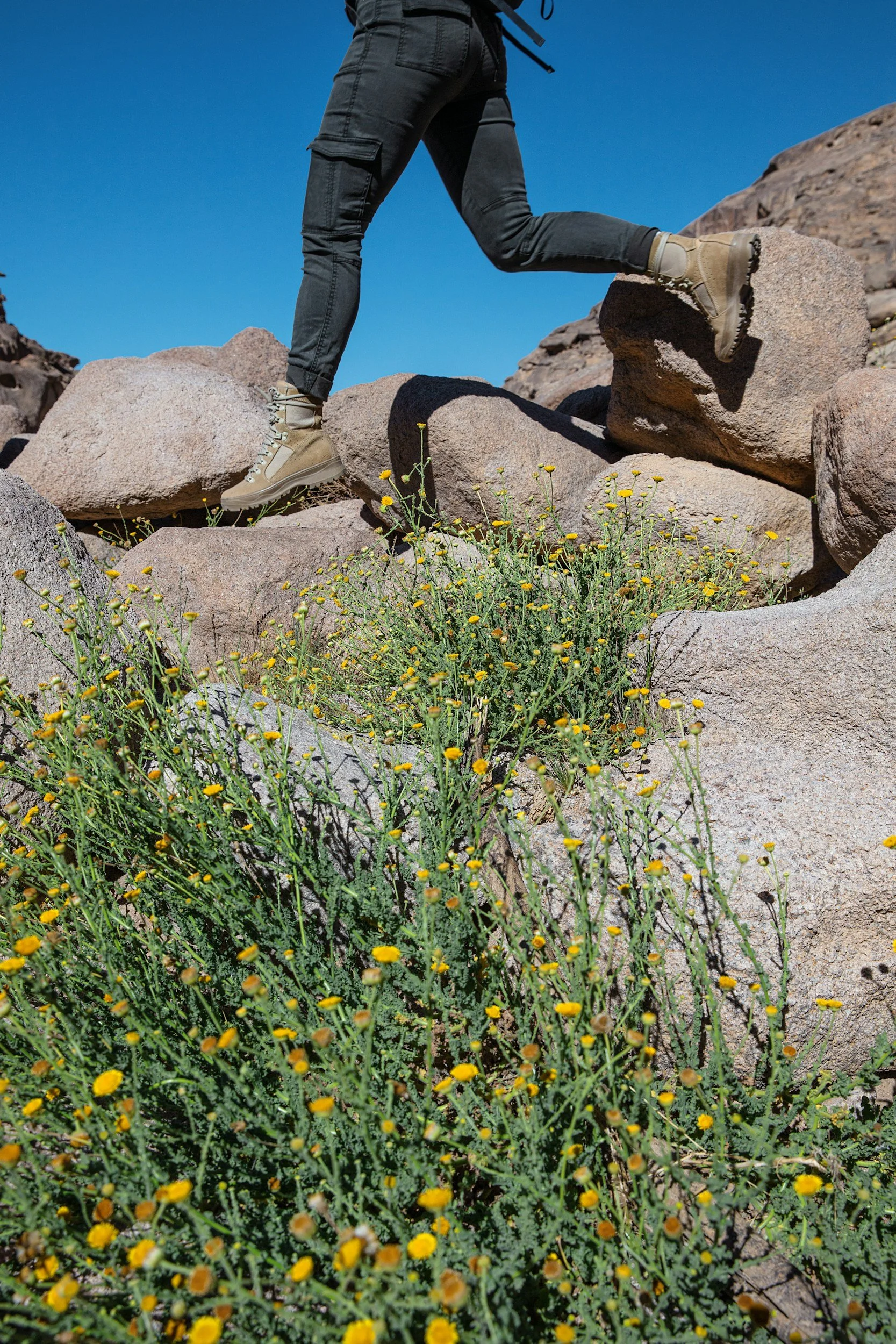 Person wearing beige hiking boots, black pants, and a backpack hiking over large rocks with small yellow flowers in the foreground and a clear blue sky in the background.